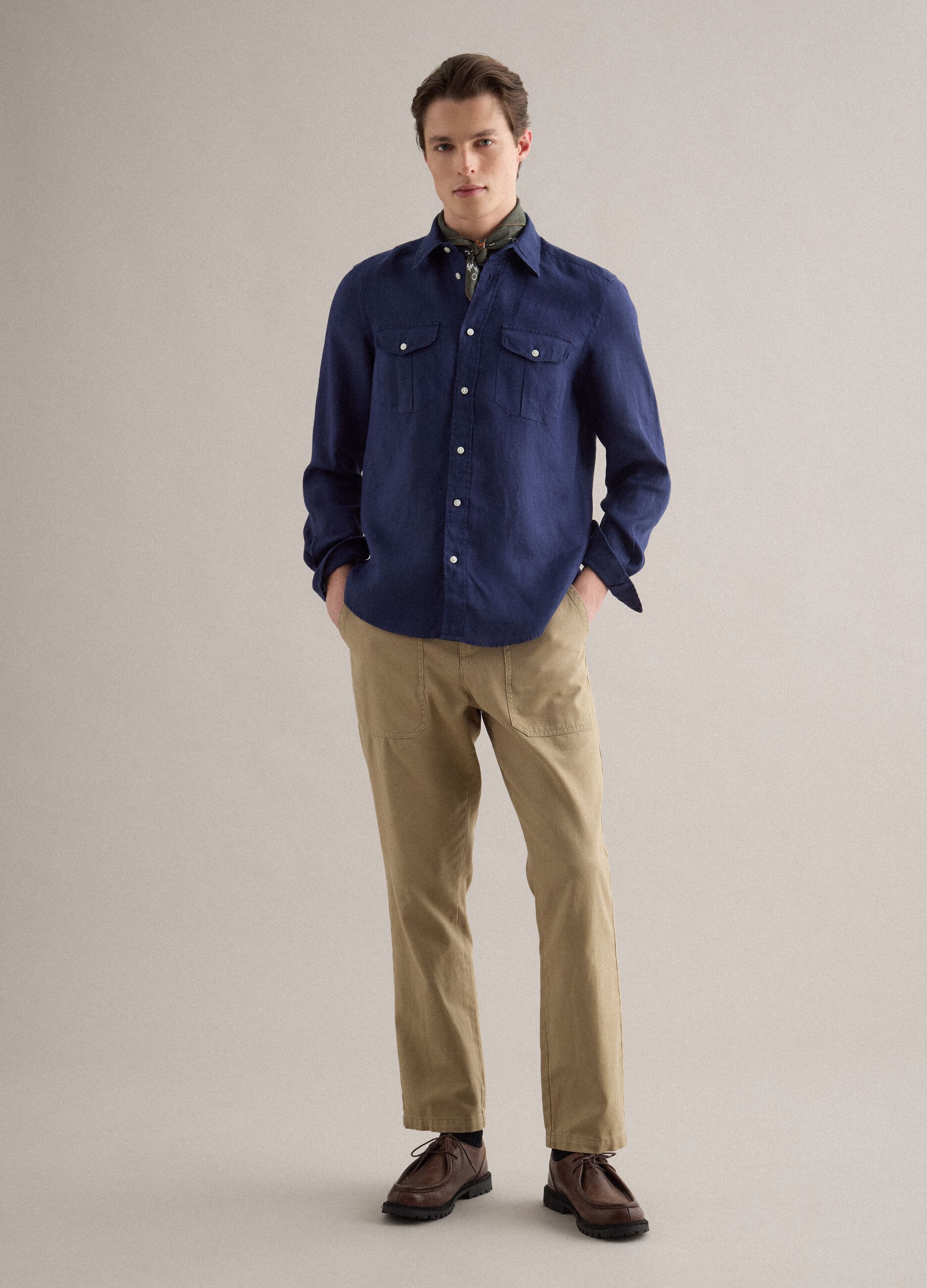 Cromoncent Camicia Uomo In Cotone Lino A Maniche Lunghe - Taglio Casual Con Bottoni E Tasca - Puro Blu, XL