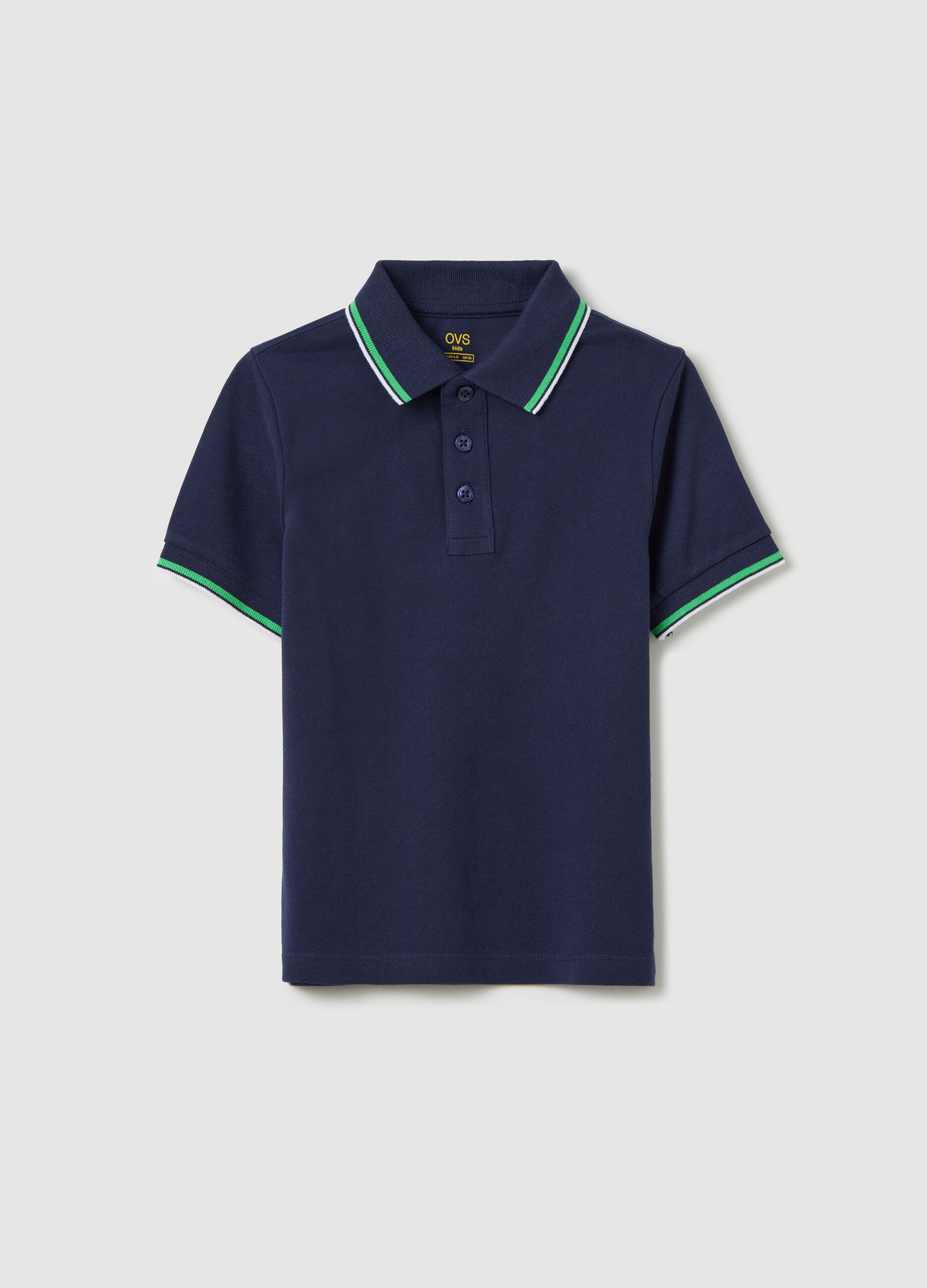 Blue cotton polo shirt with striped edging