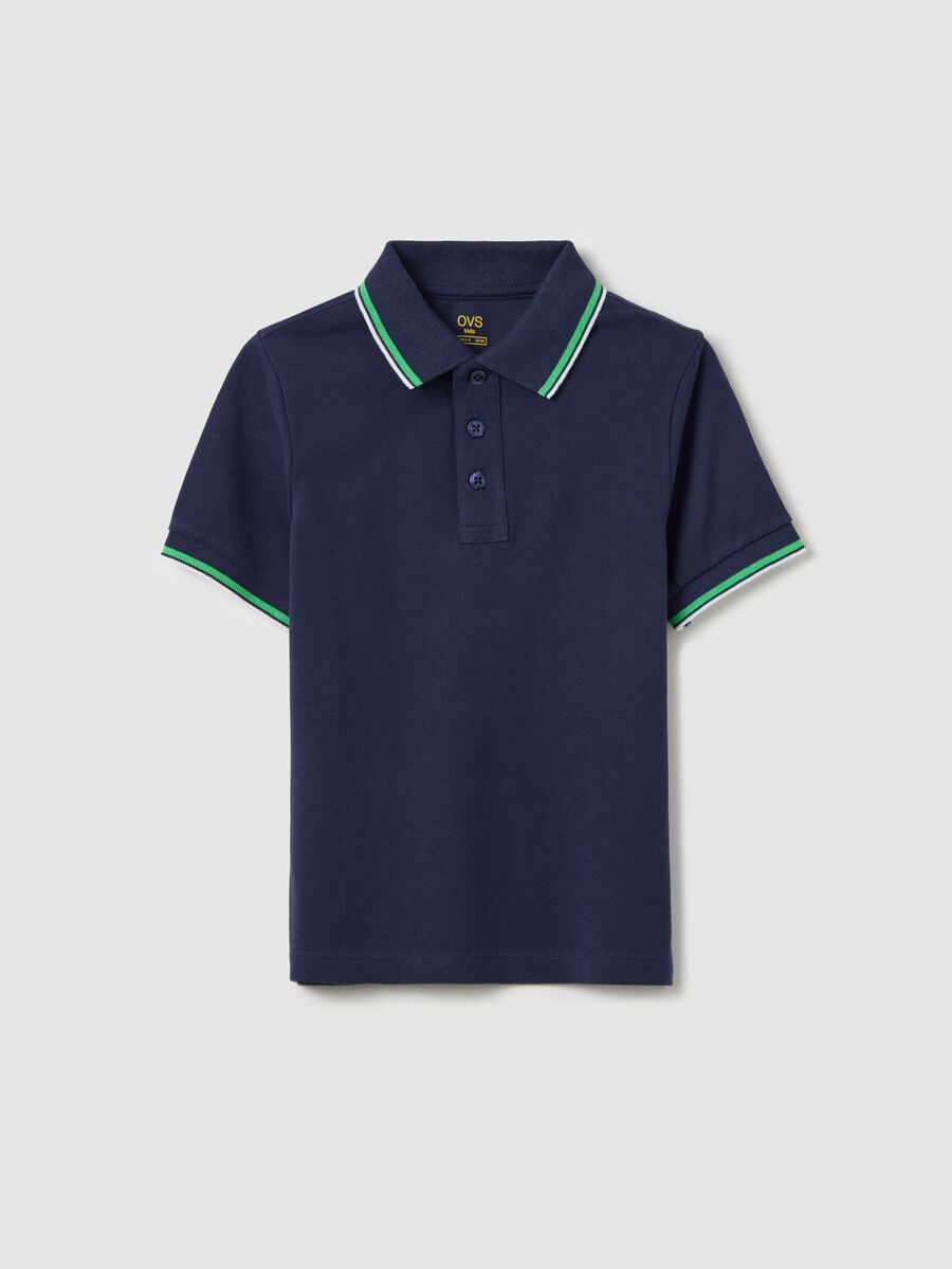 Blue cotton polo shirt with striped edging_0