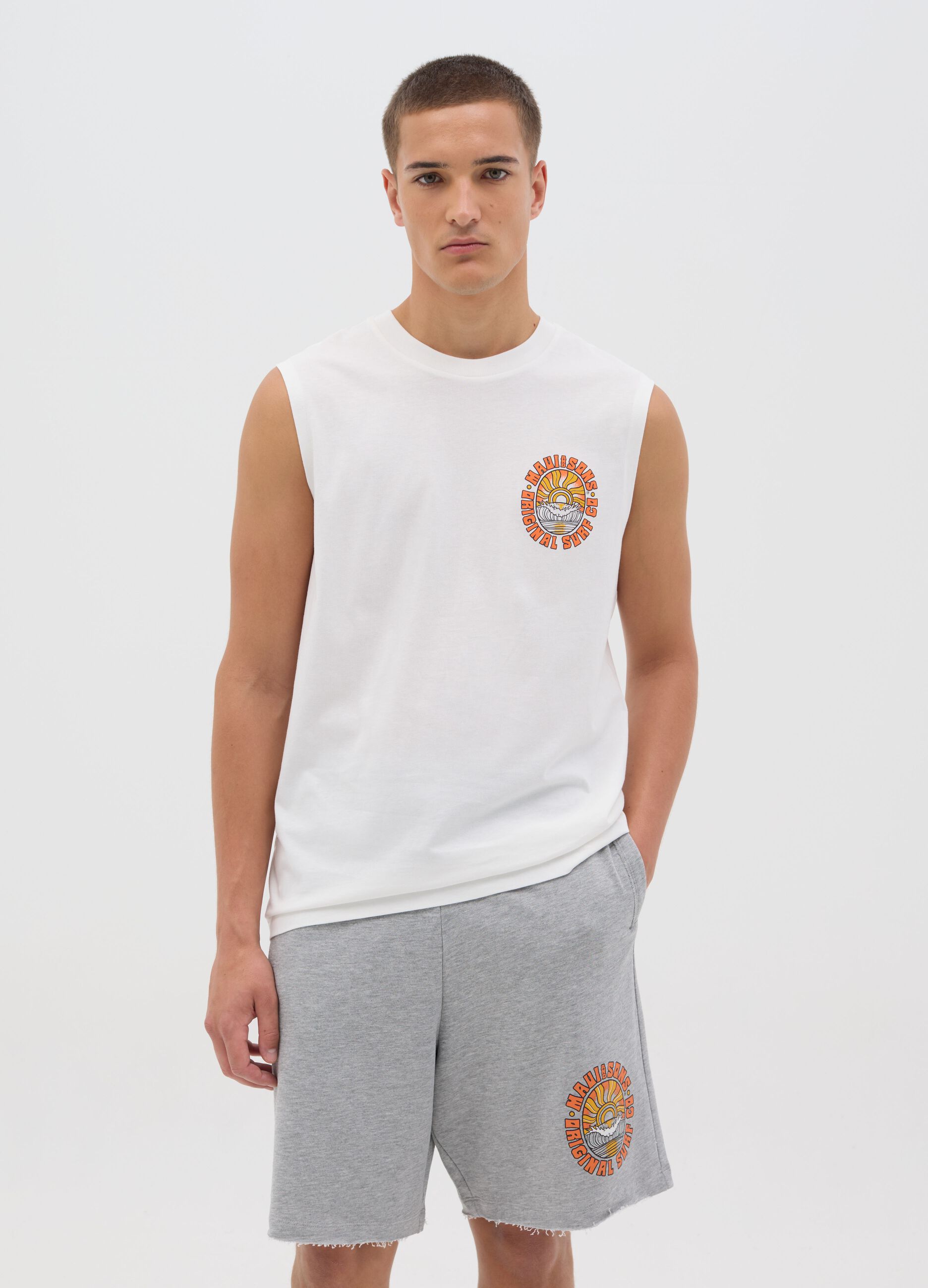 White Pure Cotton Vest with Ovs Print