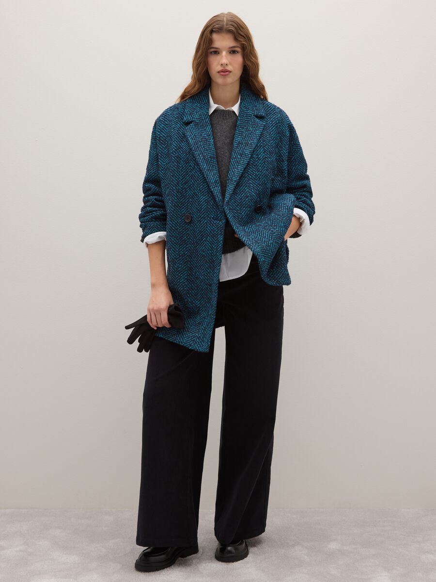 Blue Herringbone Double Breasted Coat with Oversized Fit_1
