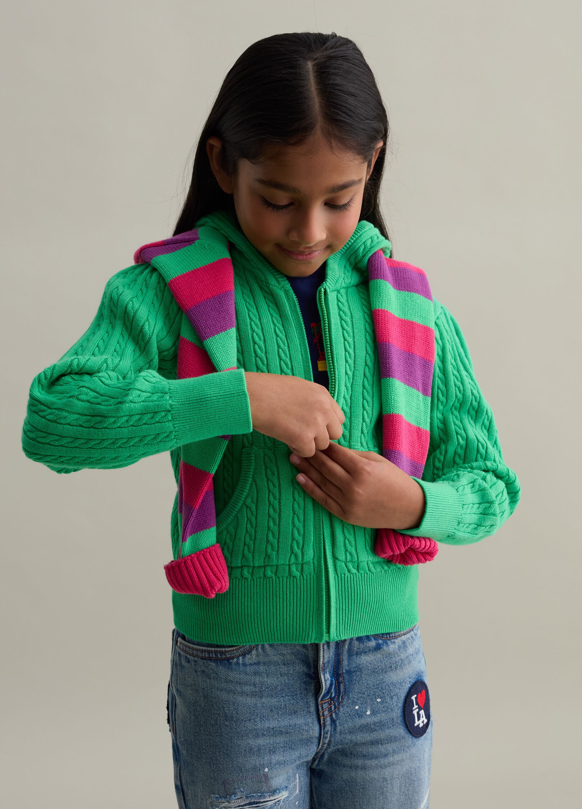 Cable-knit full-zip cardigan with hood