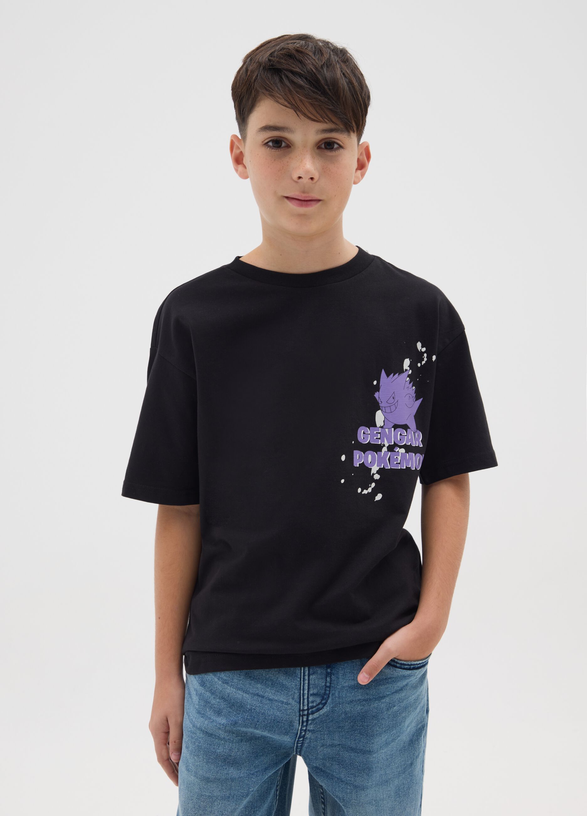 Children's black T-shirt in pure cotton regular fit with Pokémon print