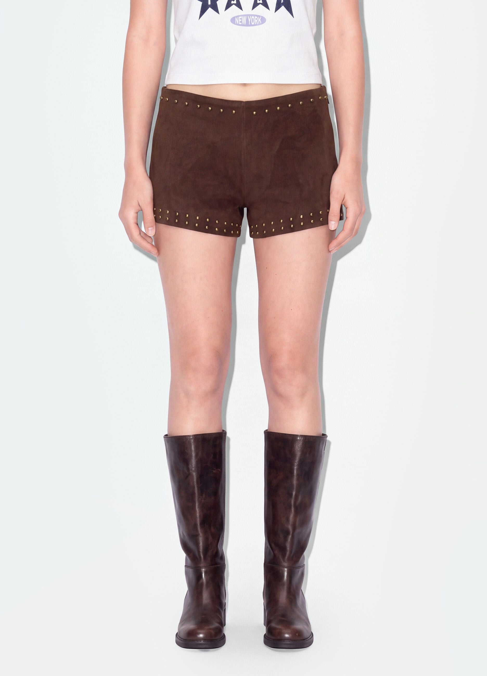 Brown stretch mini shorts with studs