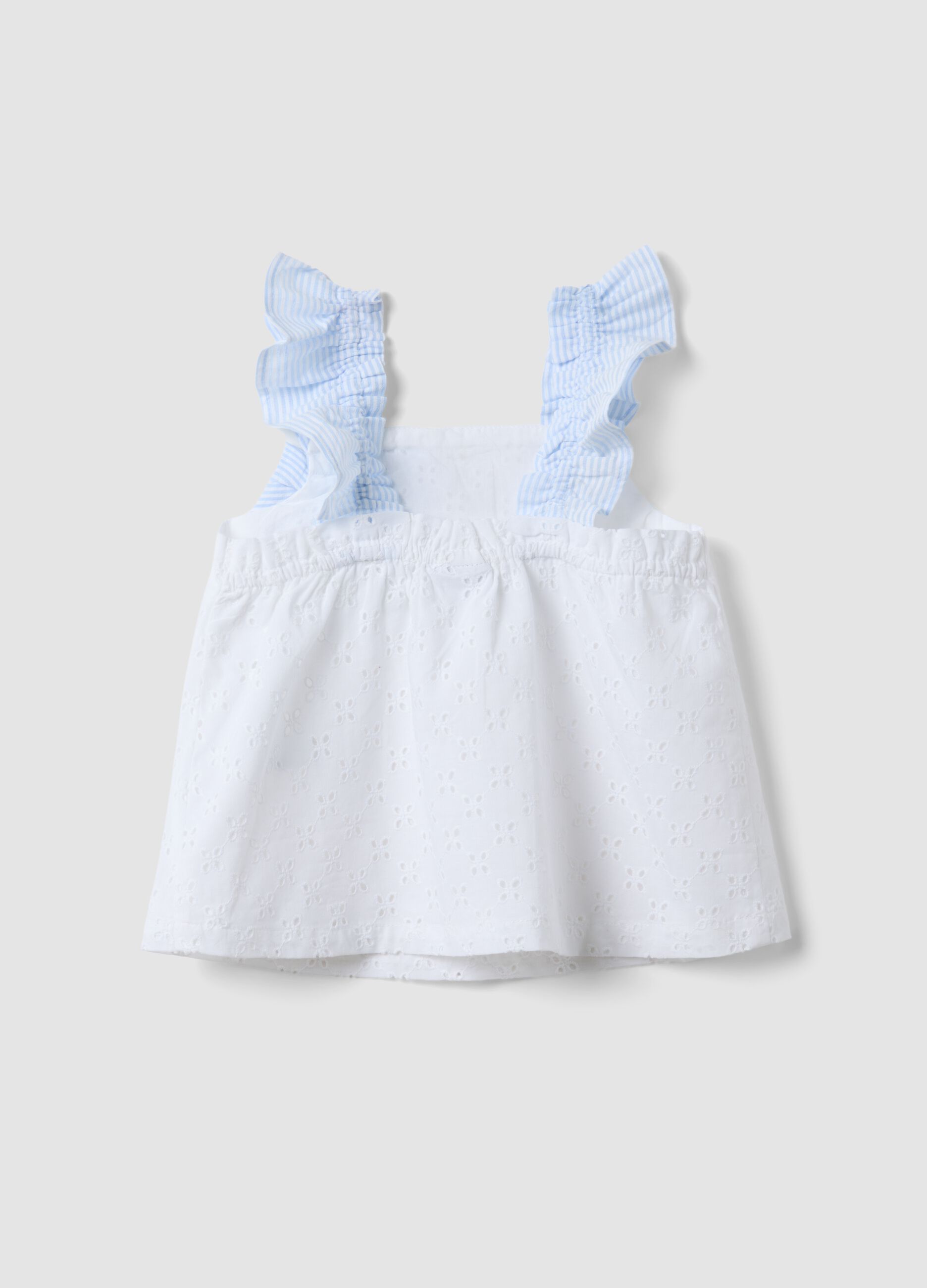 White pure cotton tank top with broderie anglaise and bow
