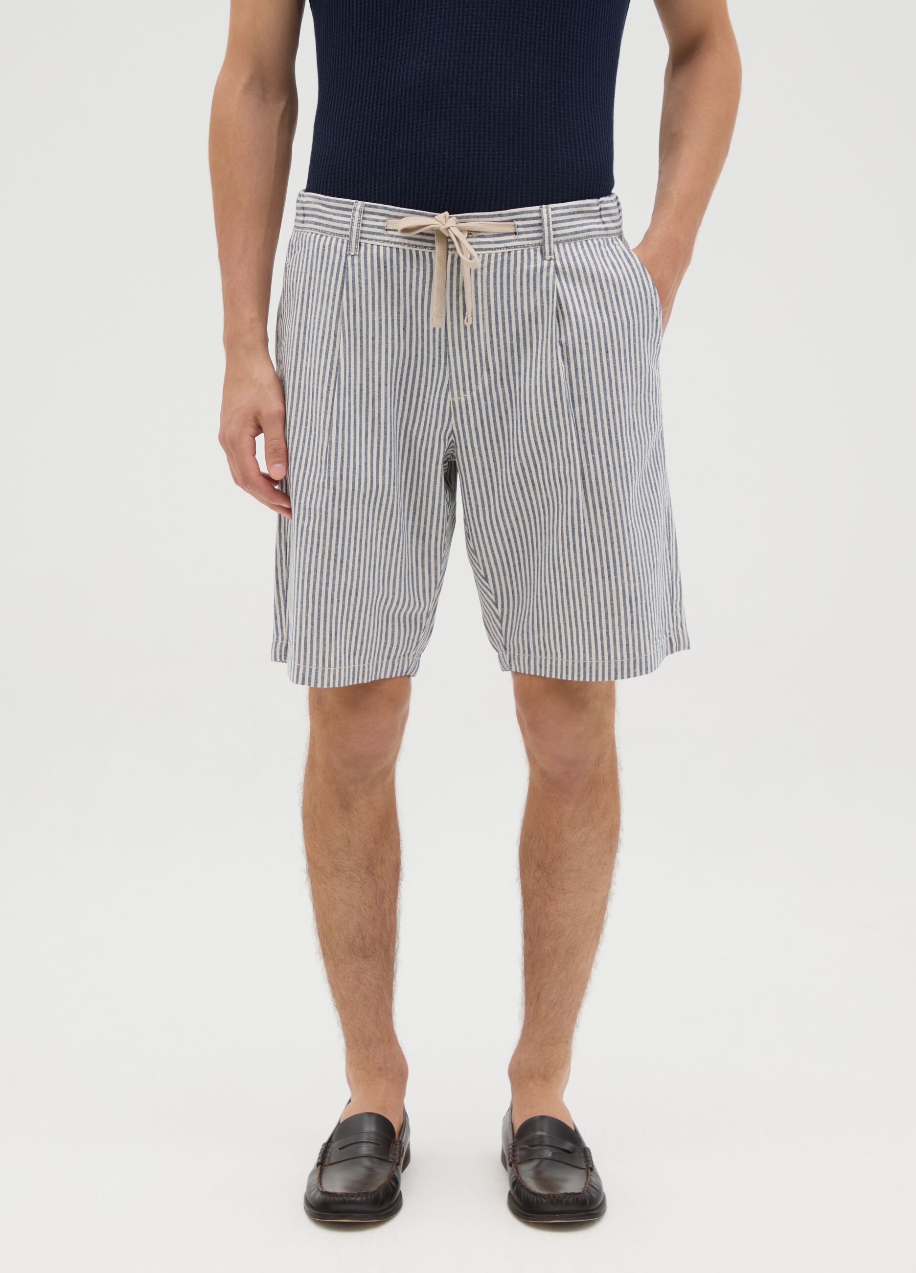 Men's multicolour cotton and linen regular fit shorts with drawstring