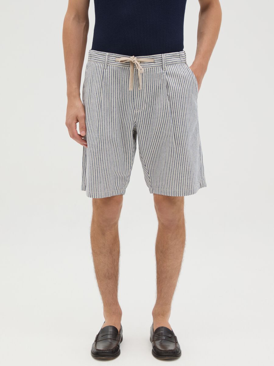 Men's’ regular-fit multicoloured Bermuda shorts in cotton and linen blend with drawstring_1