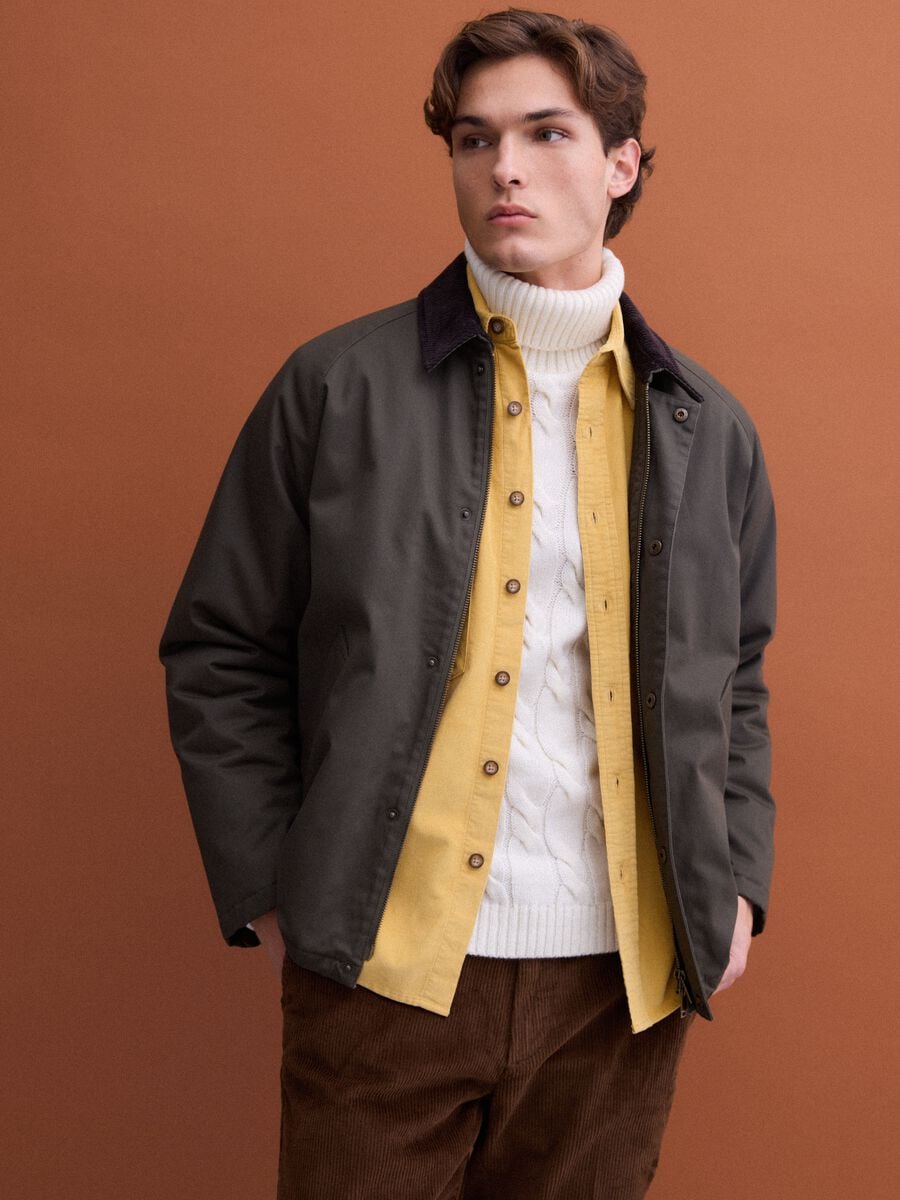 Green pure cotton jacket with velvet collar_0