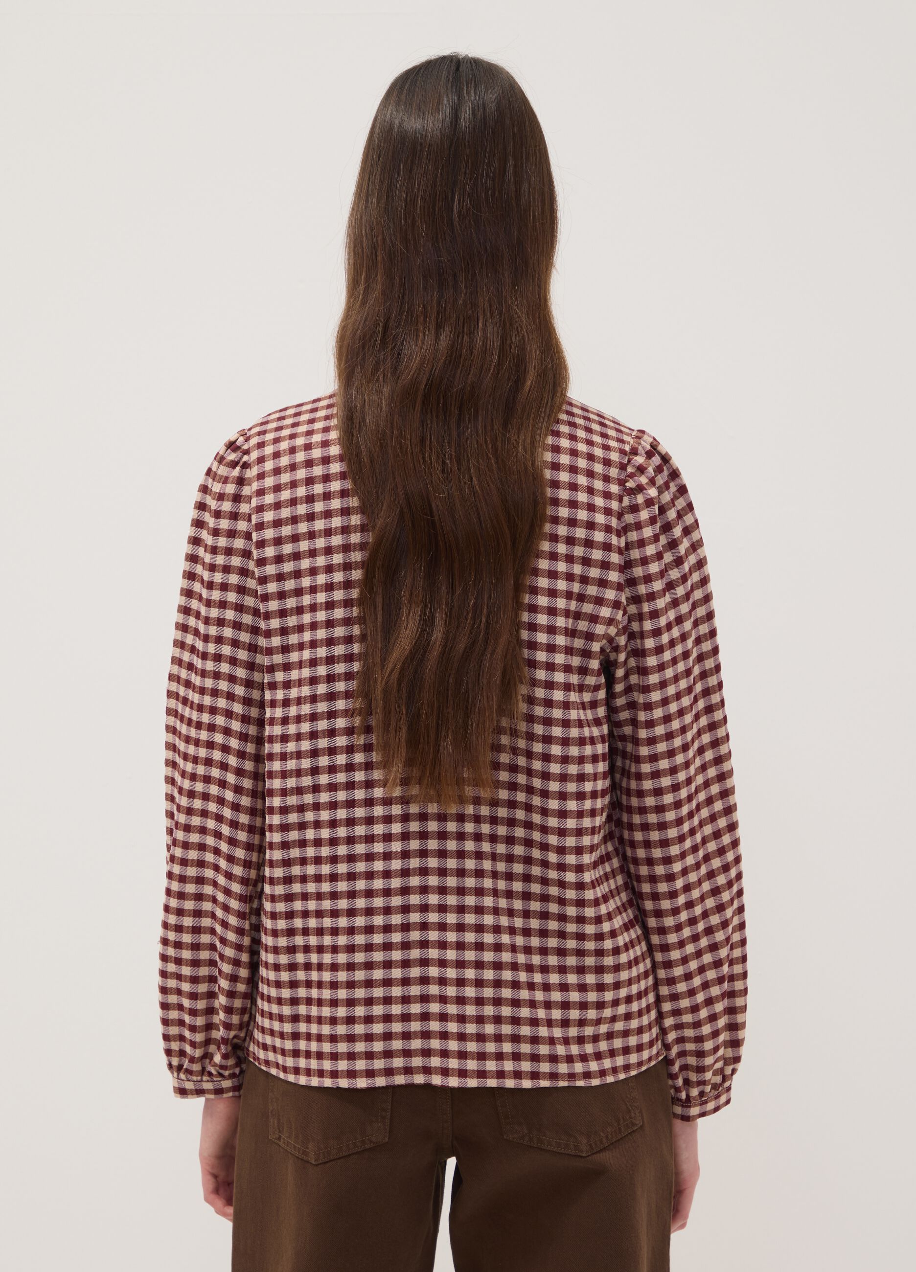 White checked stretch viscose shirt with mandarin collar