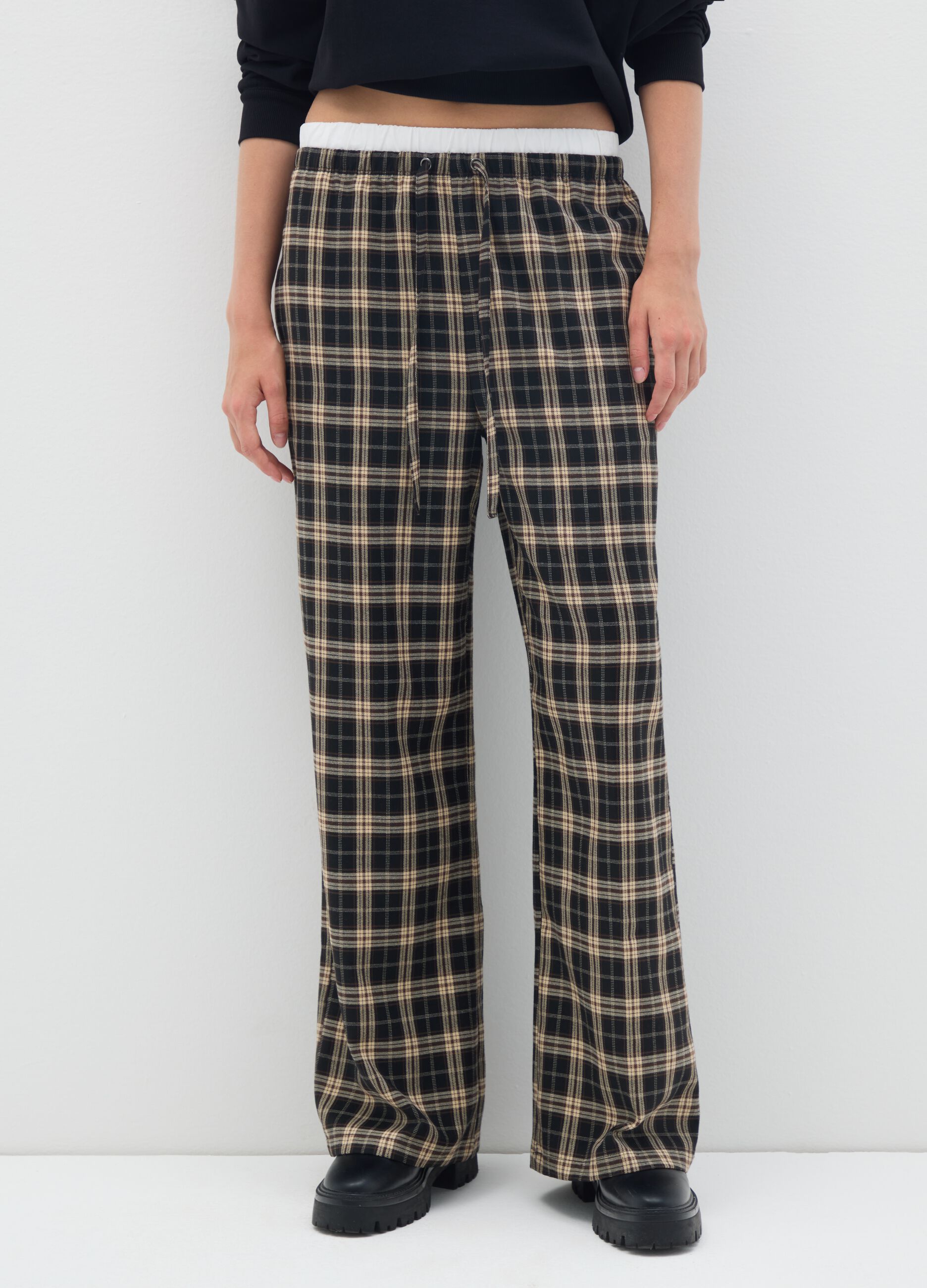 Multicolour Checked Wide-Leg Trousers
