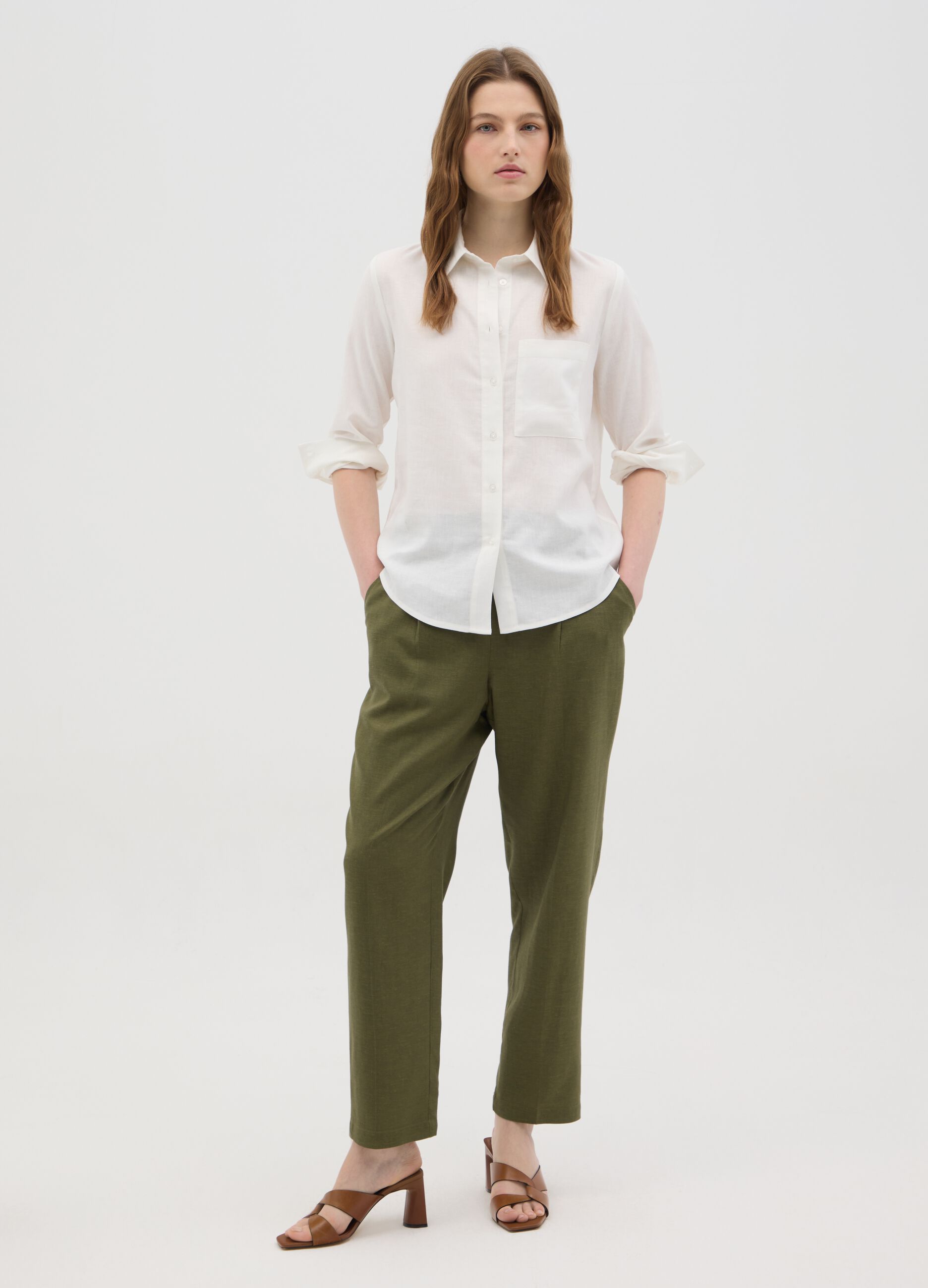 Camicia da donna in misto lino bianca regular fit