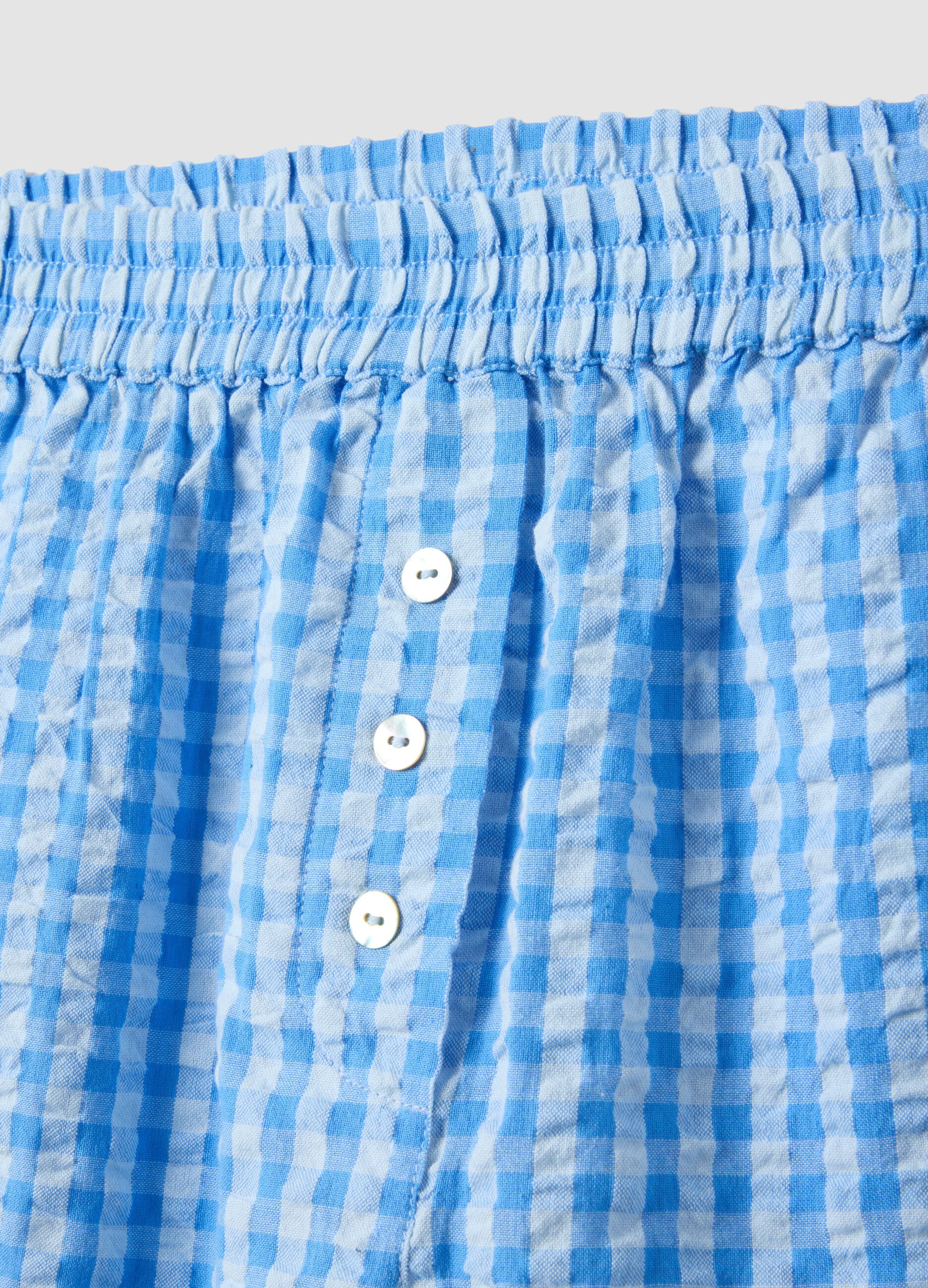 Regular-fit pure cotton checked pyjama shorts in white and light blue