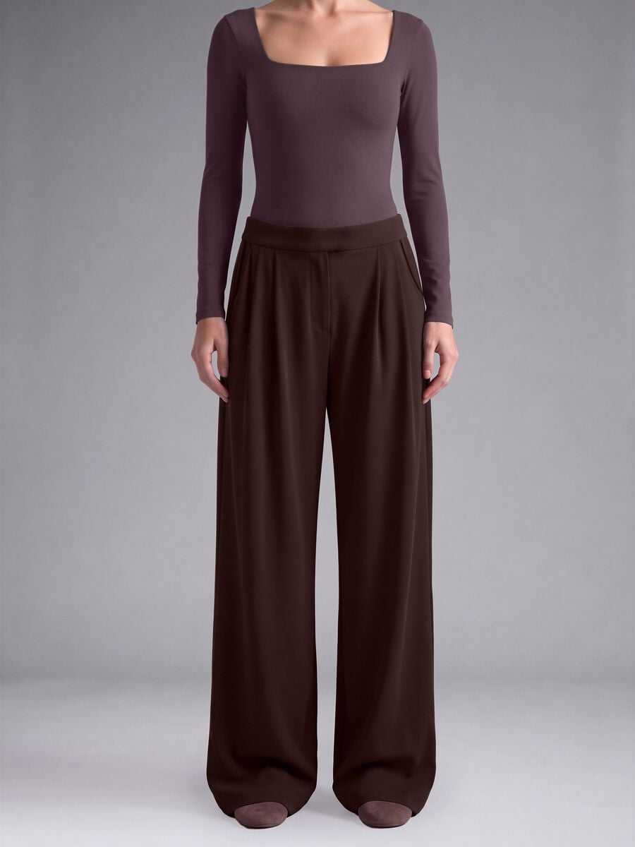 Pantaloni marroni in tessuto elasticizzato wide leg_1