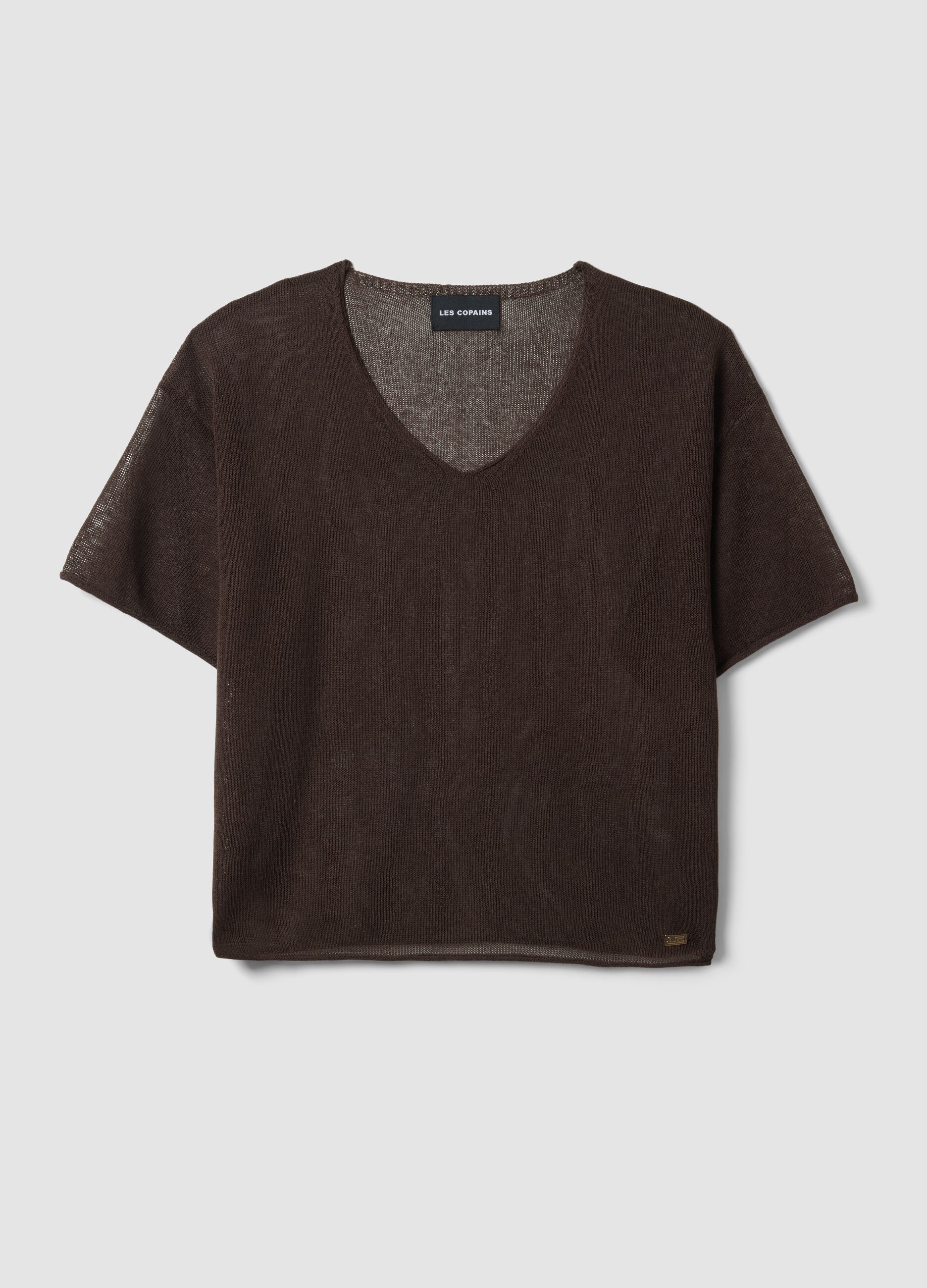 Maglia in misto lyocell e lino marrone oversize fit con scollo a V