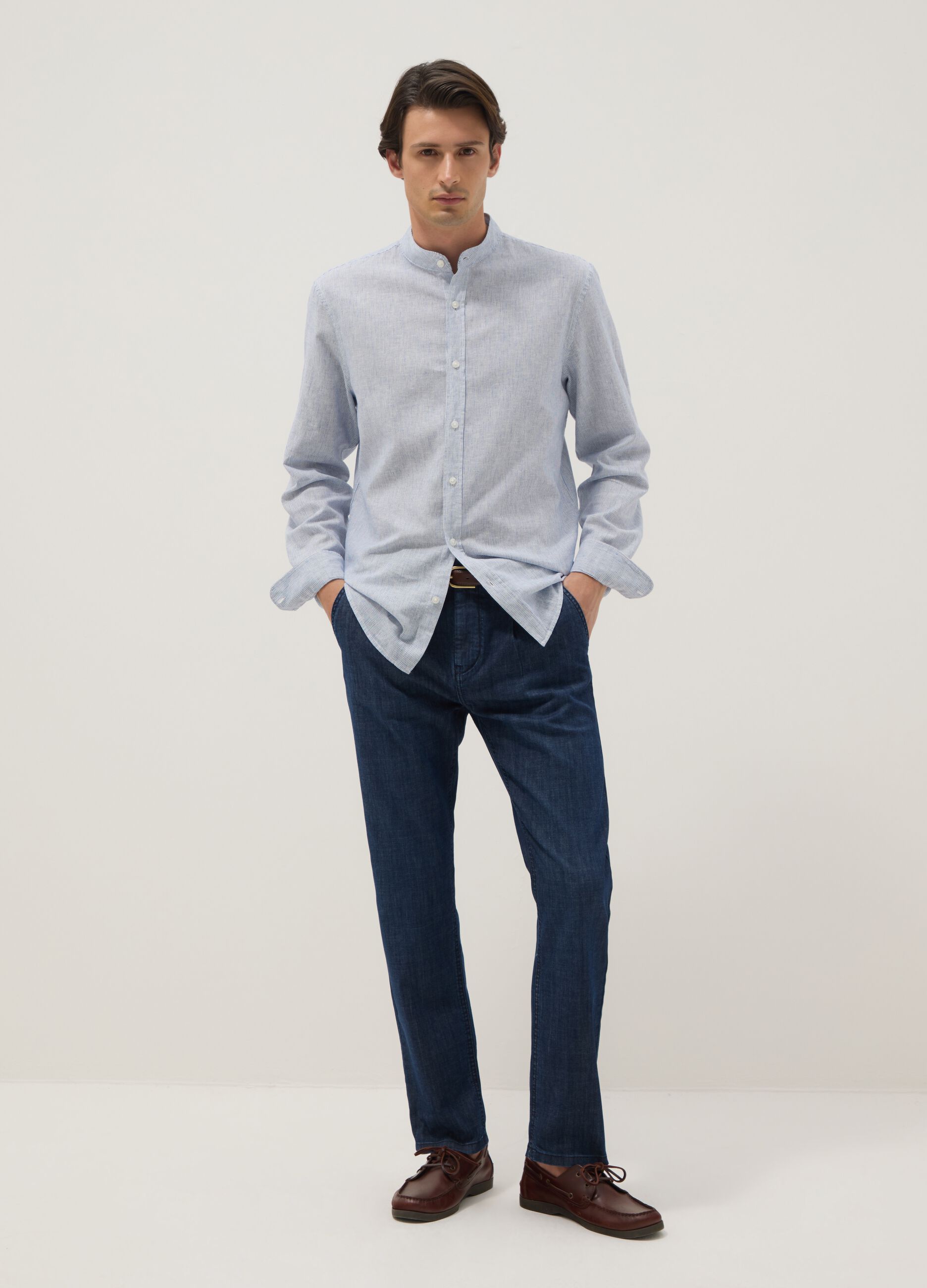 Multicoloured striped shirt with band collar in linen and cotton blend, regular fit