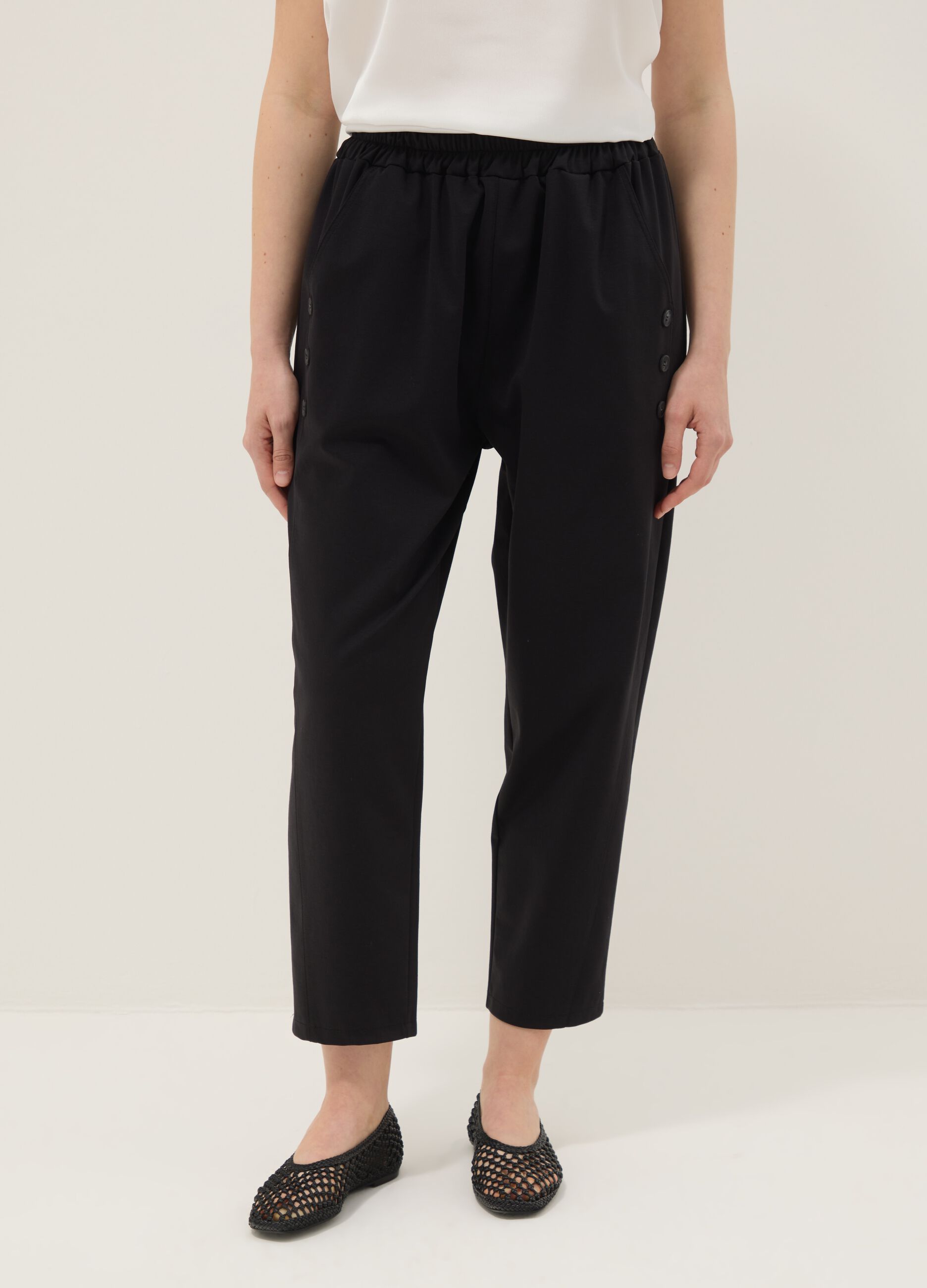 Black regular-fit stretch cotton-blend trousers with buttons