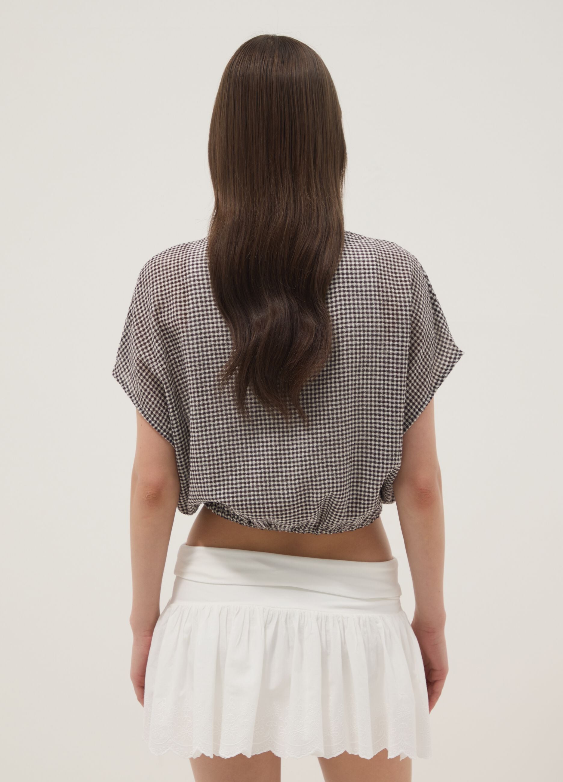 Camicia crop a quadretti multicolor in cotone elasticizzato