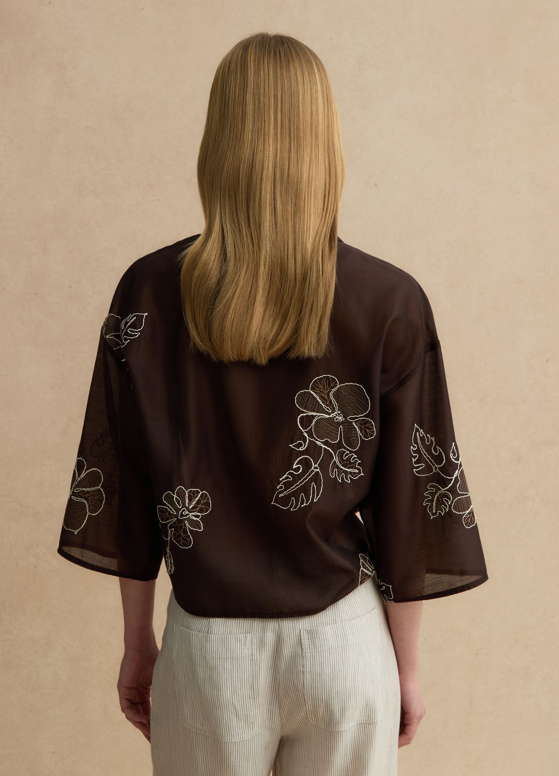 Regular Fit Brown Lyocell Blend Shirt with Floral Embroidery