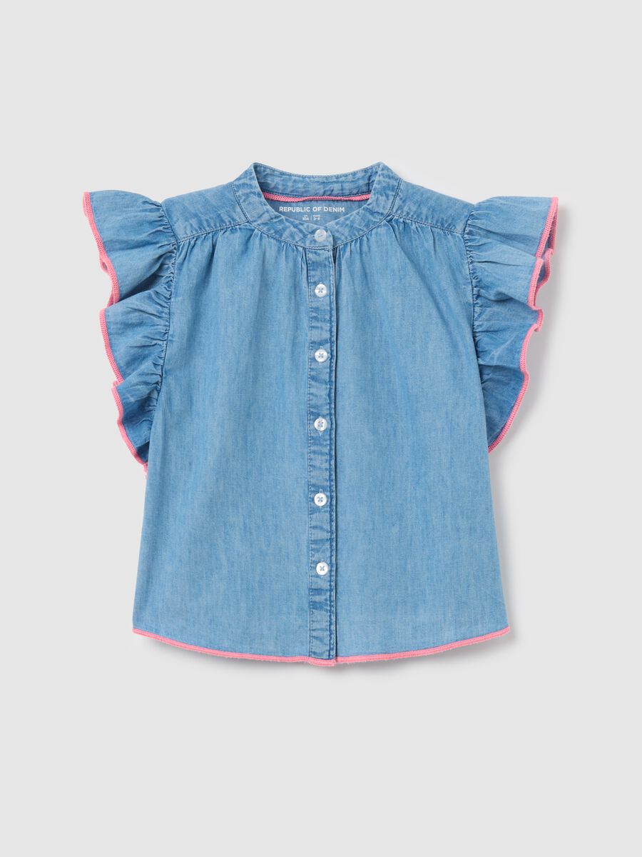 Denim shirt with flounced sleeves_0