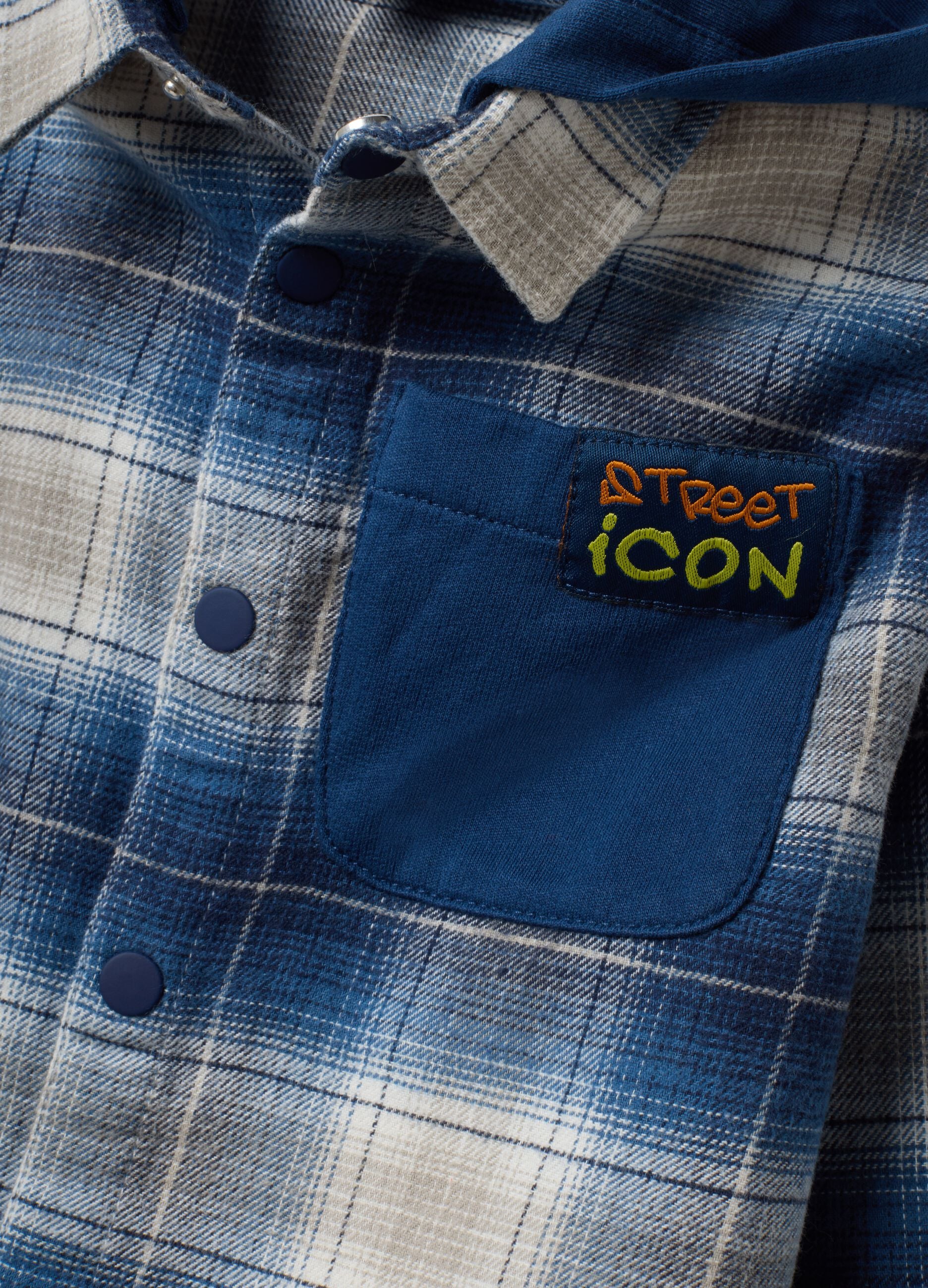 Blue check oversized cotton hooded shirt for baby boy