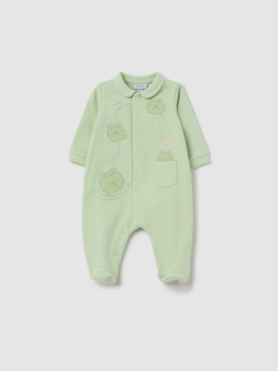 Cotton onesie with feet and frogs embroidery_0