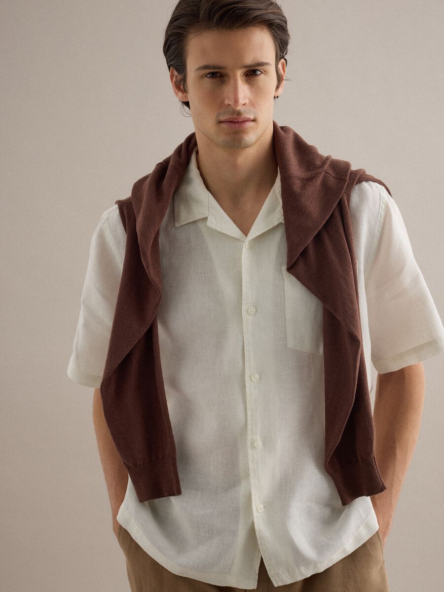 Camicia a maniche corte in puro lino bianca regular fit_0