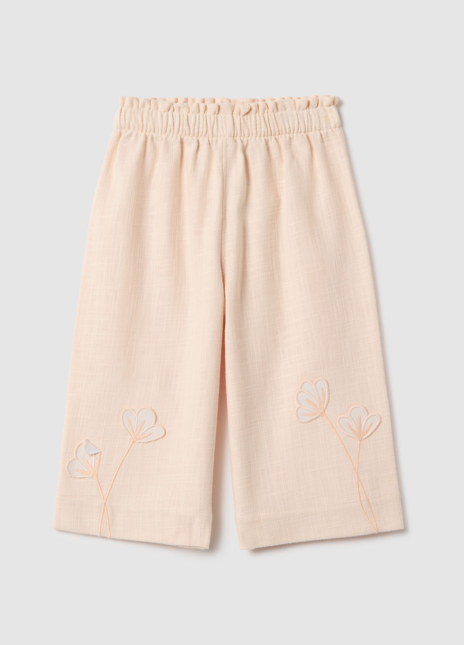 Beige culotte trousers in cotton and linen for girls with floral embroidery