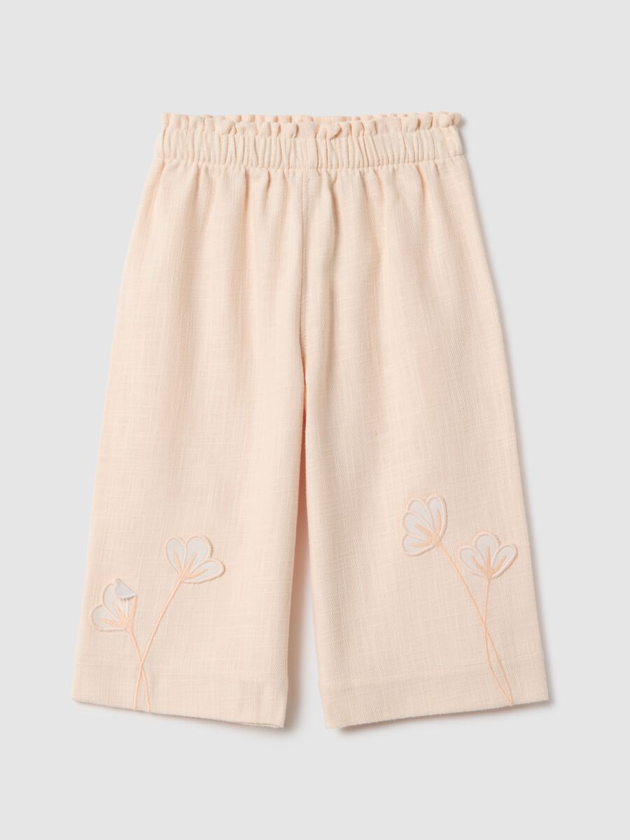 Beige culotte trousers in cotton and linen for girls with floral embroidery_0