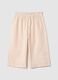 Beige culotte trousers in cotton and linen for girls with floral embroidery_0