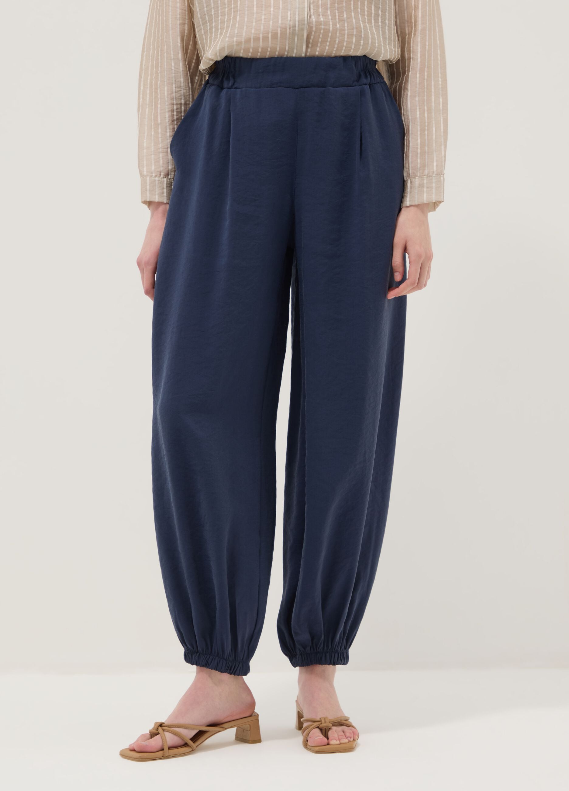 Blue viscose-blend trousers with elasticated cuffs, regular fit