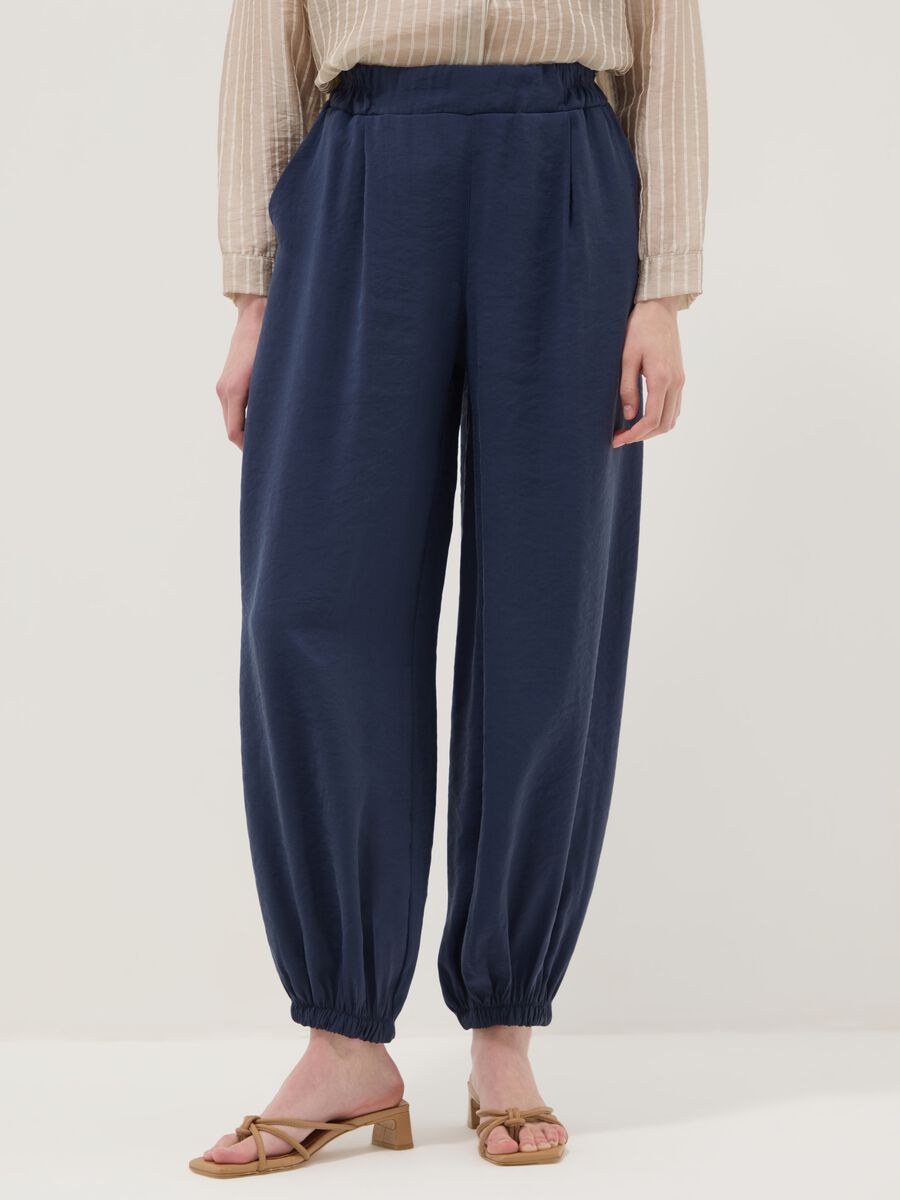 Blue viscose-blend trousers with elasticated cuffs, regular fit_1