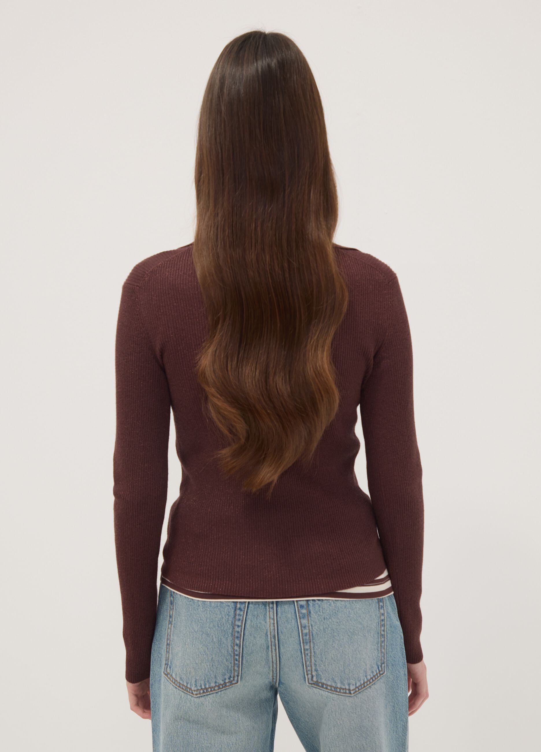 Brown ribbed viscose-blend polo-collar top