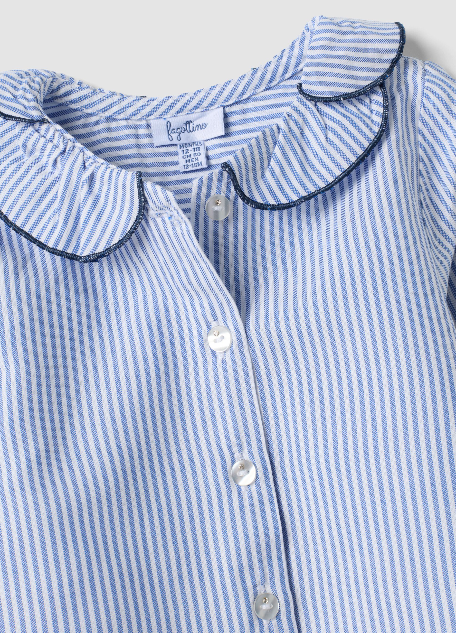 Blue striped pure cotton shirt with ruffle collar for baby girls