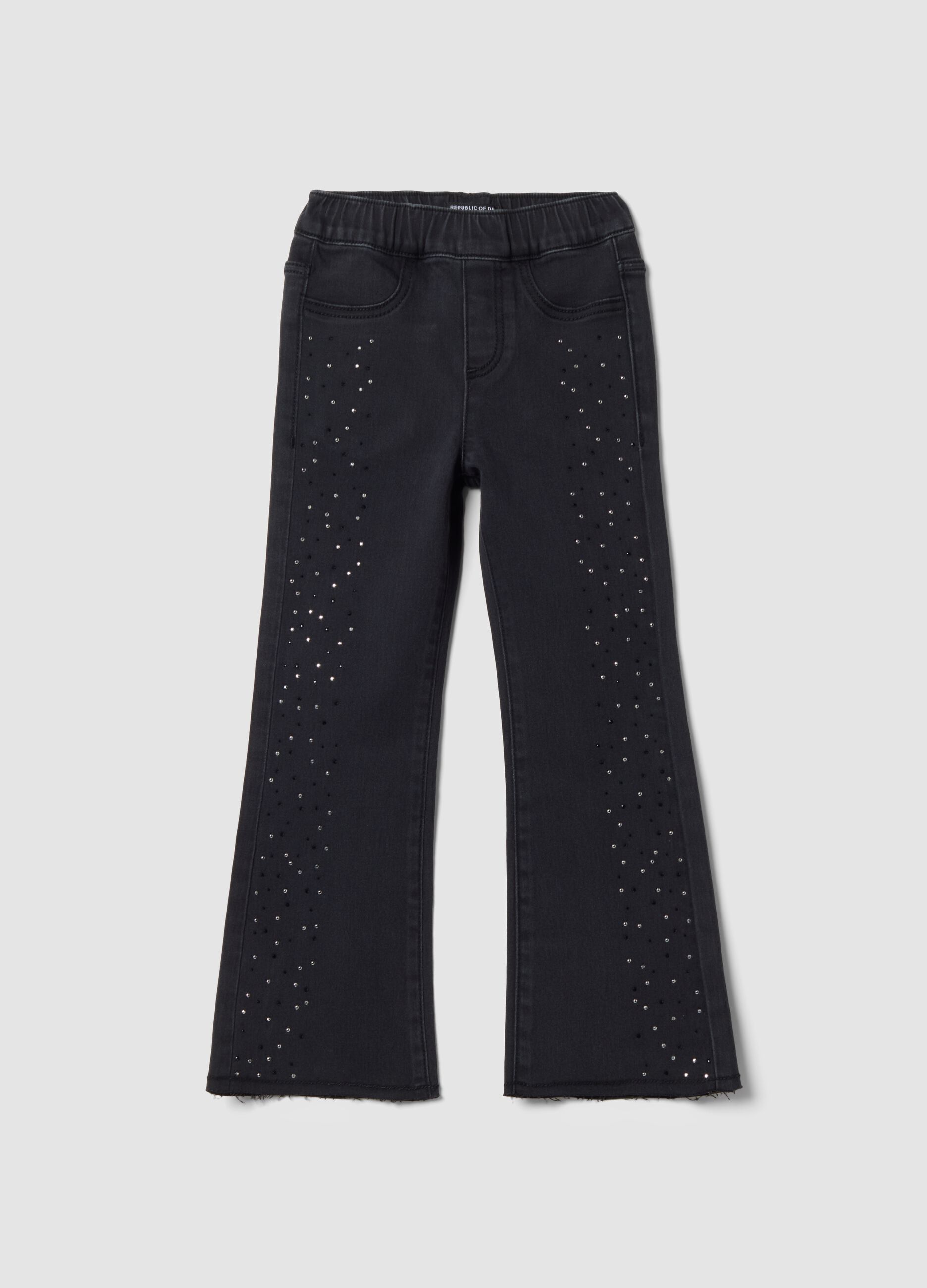 Black flared stretch cotton jeggings with rhinestones for girls