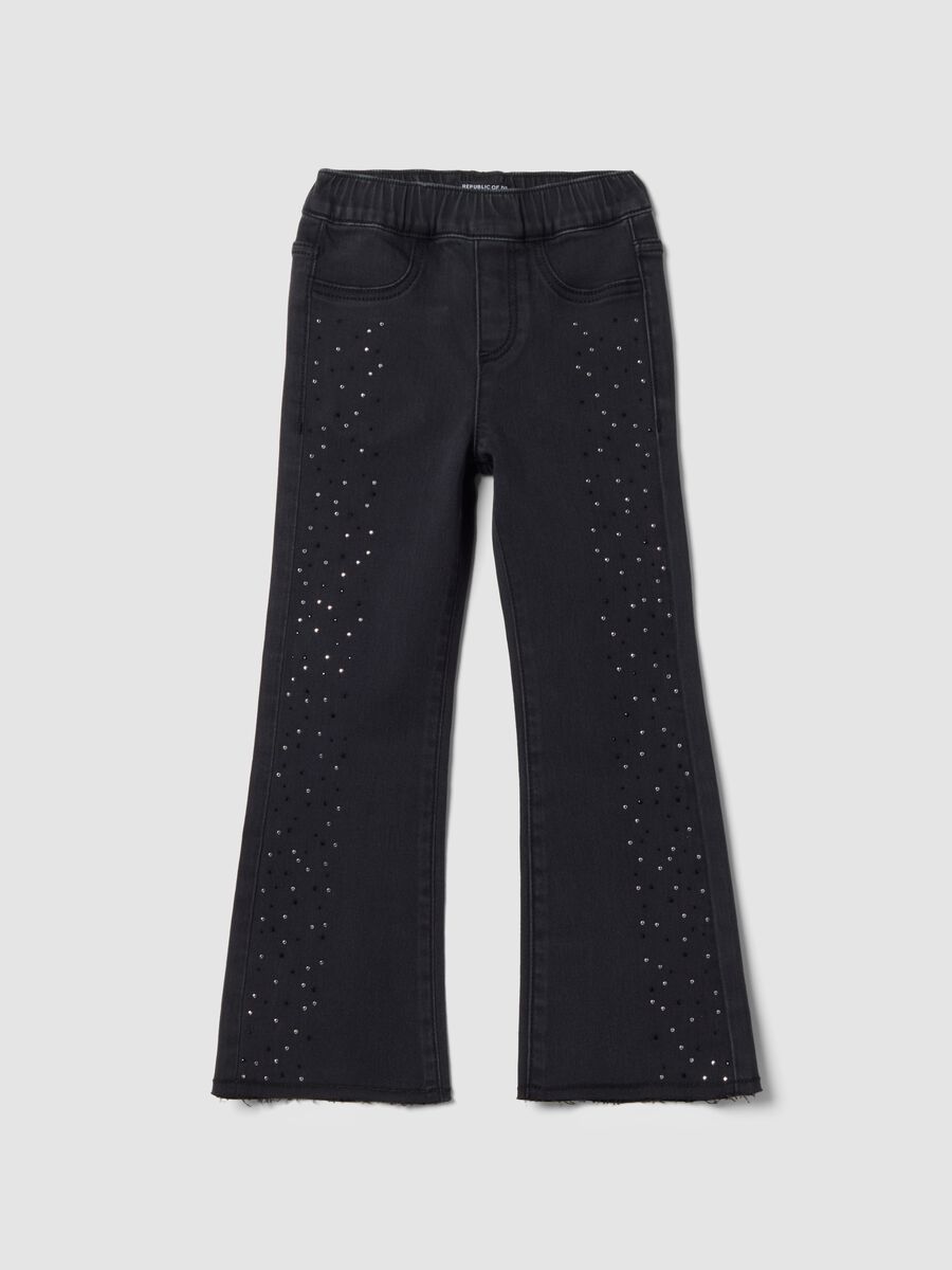 Black flared stretch cotton jeggings with rhinestones for girls_0