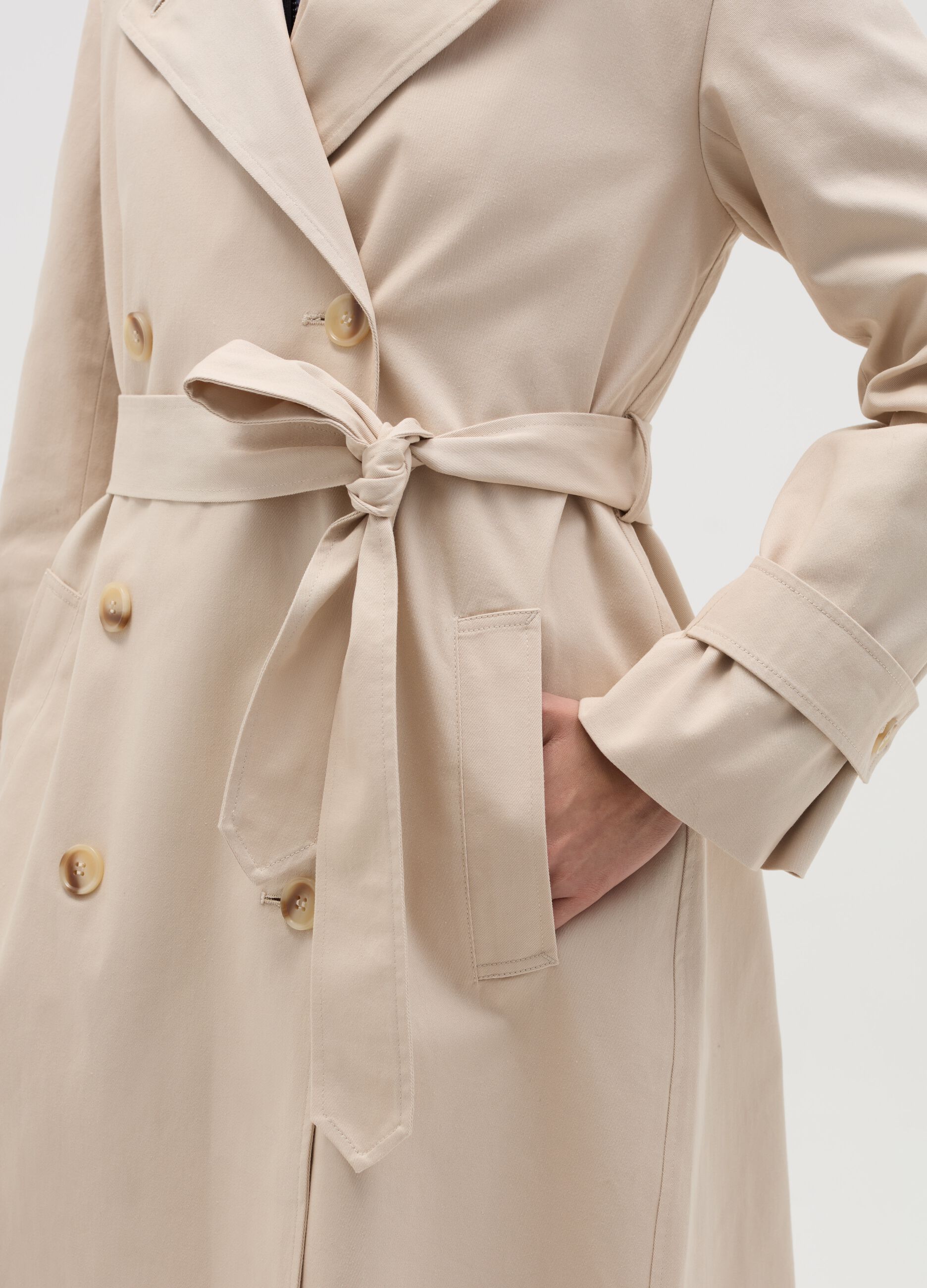Long double-breasted trench coat with belt