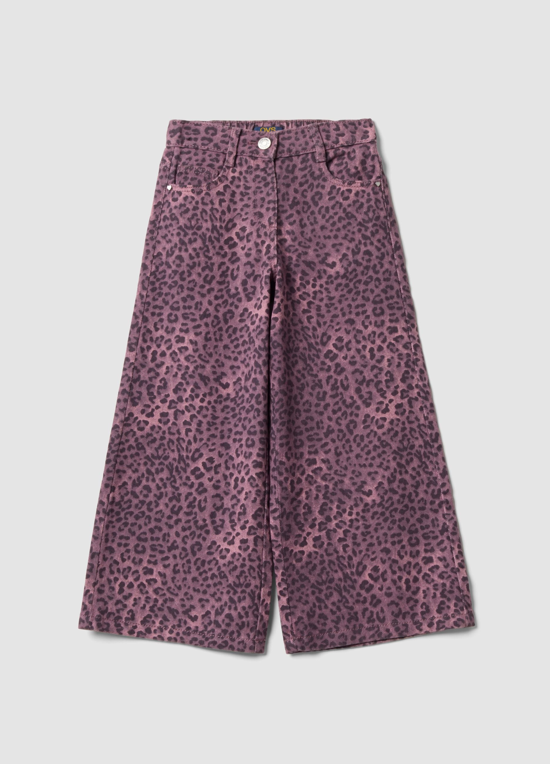 Pantaloni viola wide leg in puro cotone con fantasia animalier per bambina