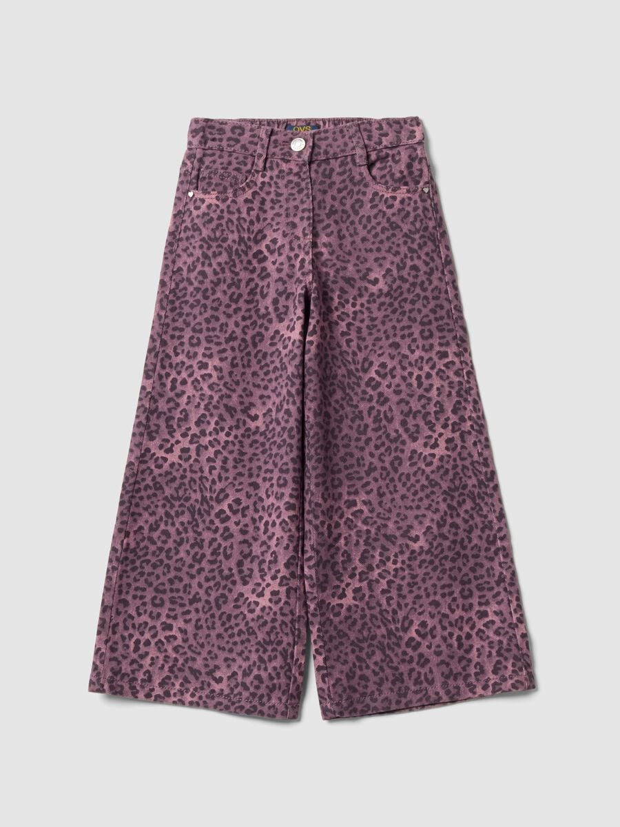 Pantaloni viola wide leg in puro cotone con fantasia animalier per bambina_0