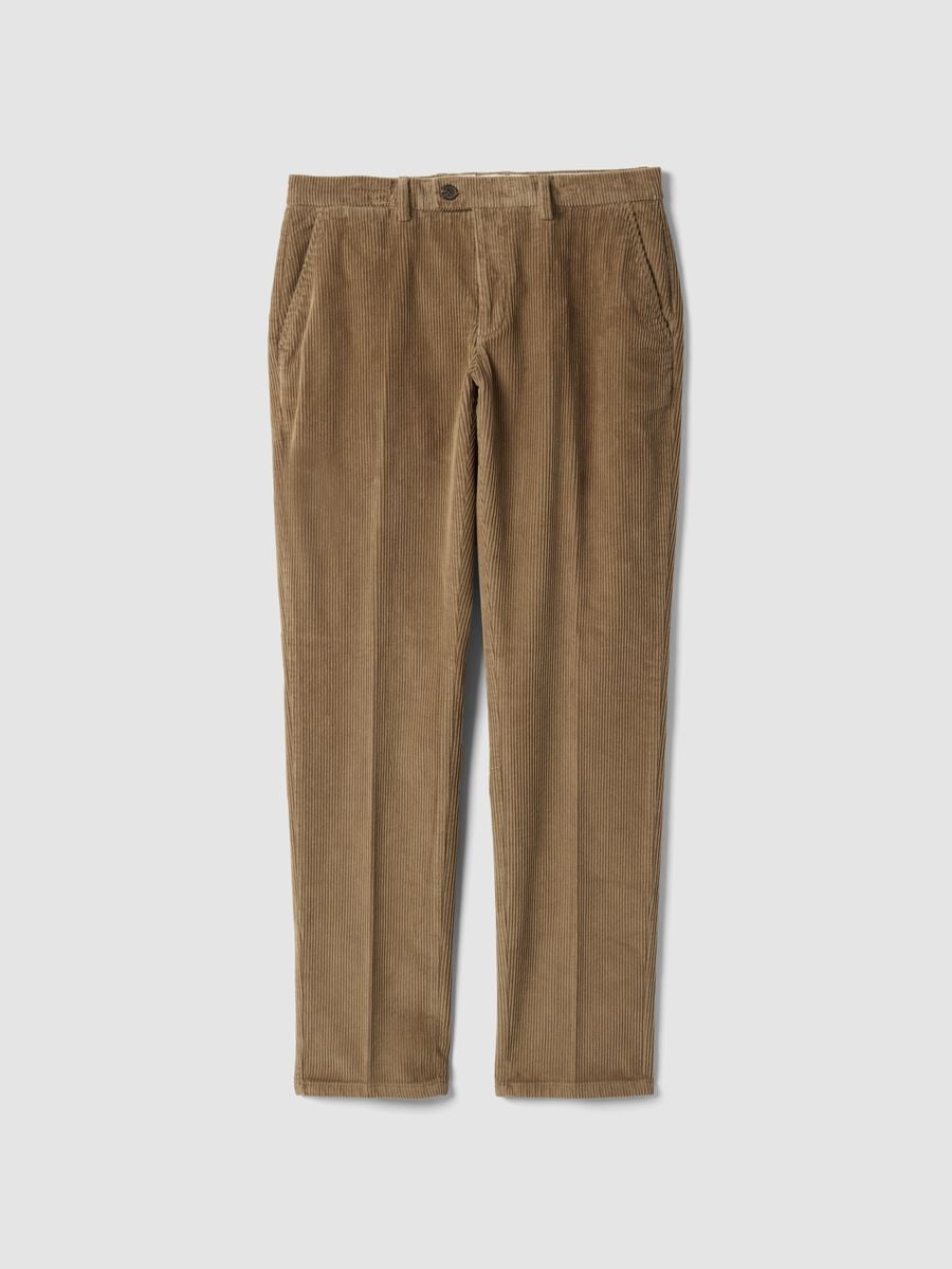 Pantaloni marroni in cotone elasticizzato a coste_0