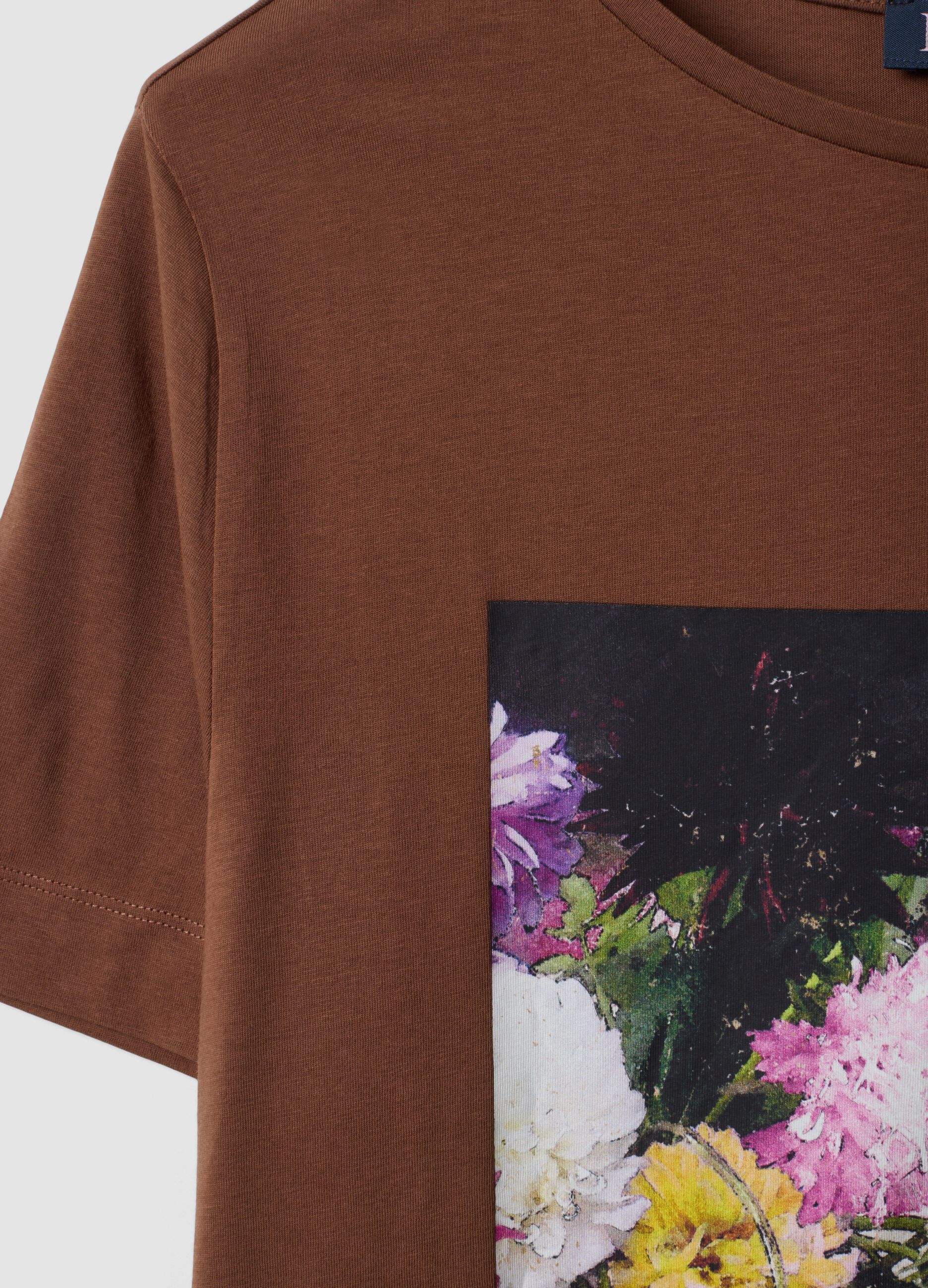 Brown pure cotton T-shirt with floral print, regular fit