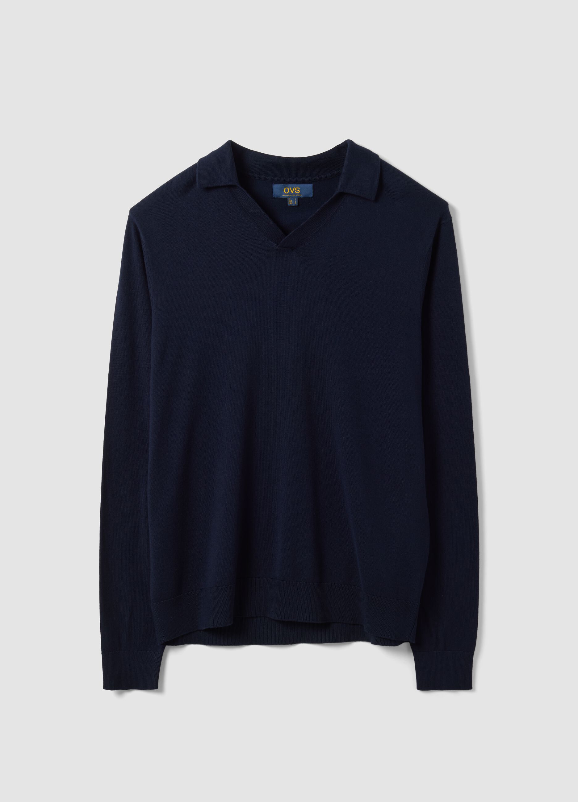 Blue viscose-blend polo with V-neck and regular collar, regular fit