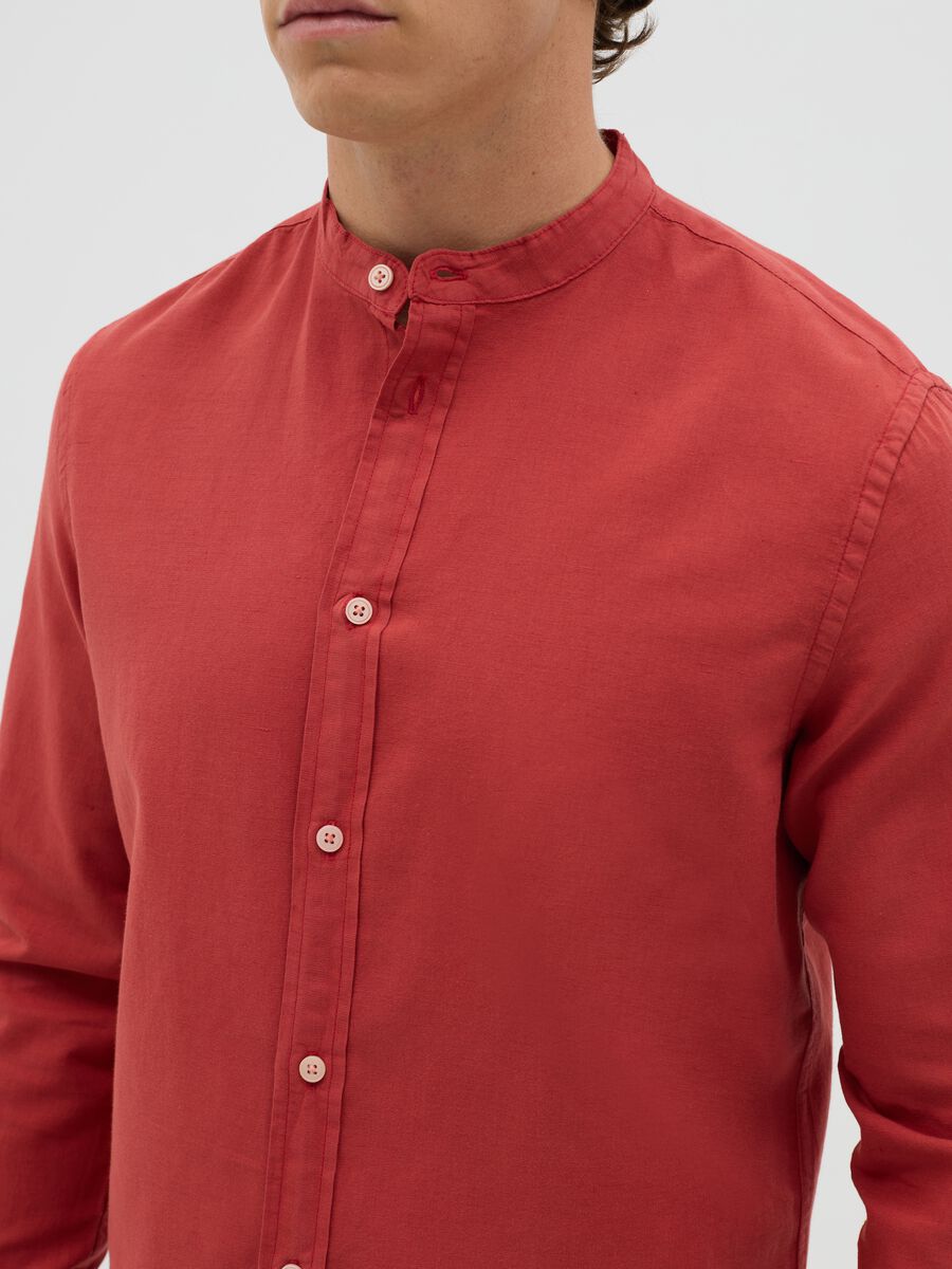 Red Cotton and Linen Korean Collar Shirt_2
