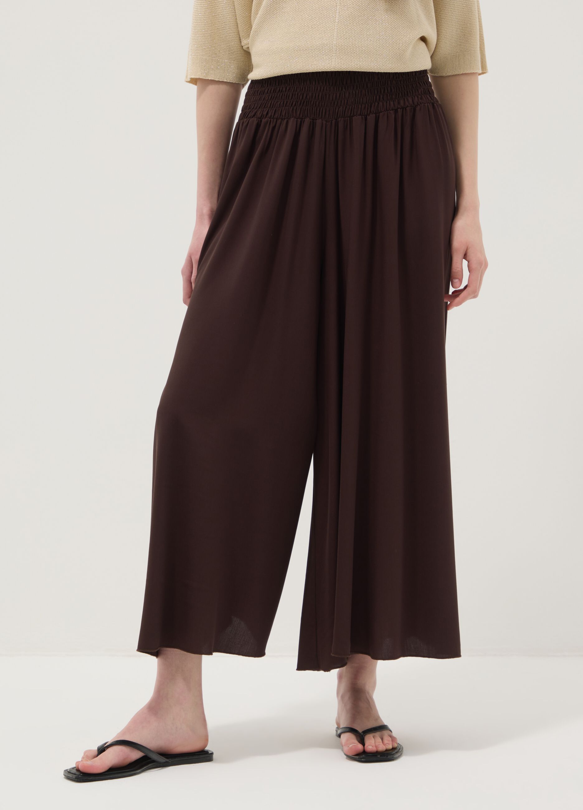 Wide brown pure viscose trousers with elasticated waist, regular fit