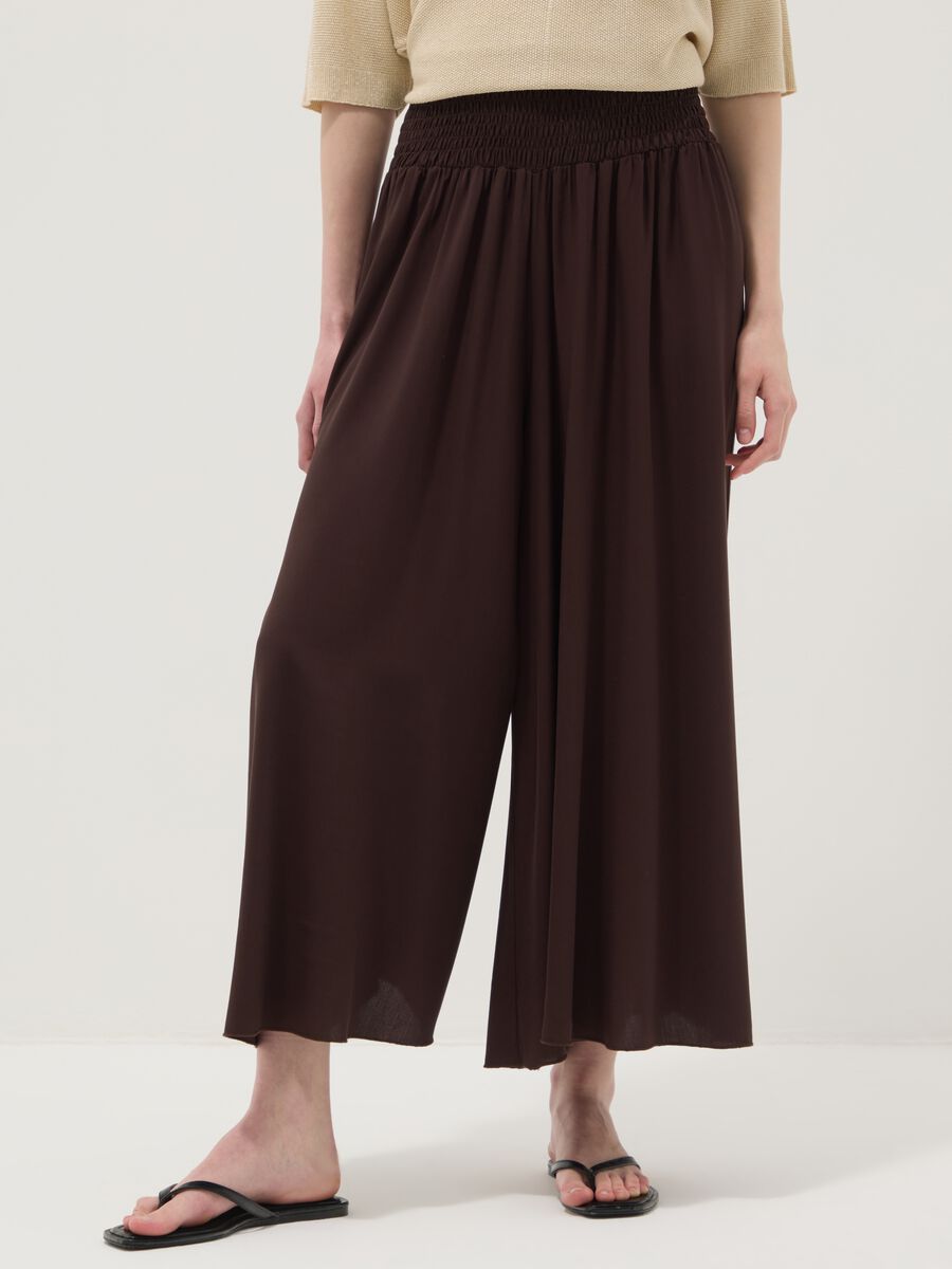 Wide brown pure viscose trousers with elasticated waist, regular fit_1
