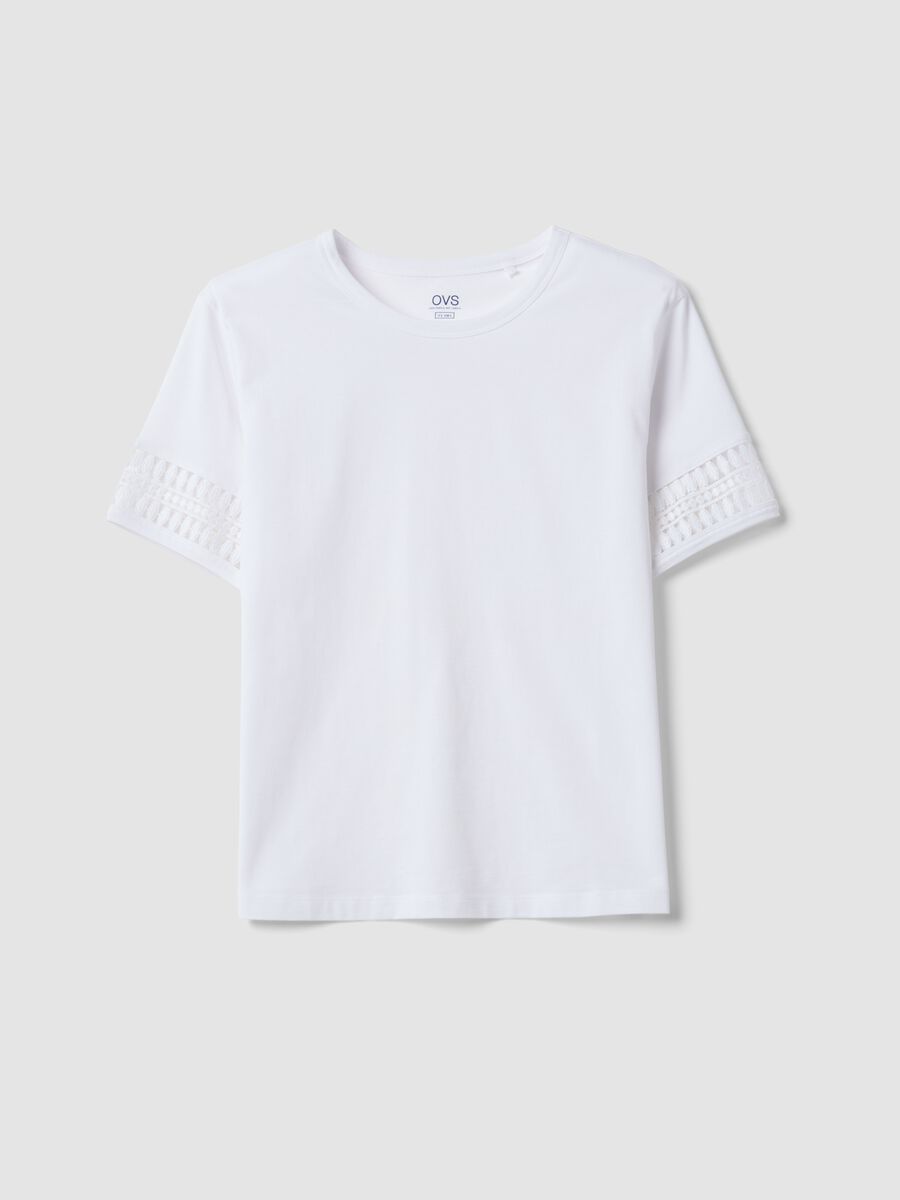 T-shirt bianca in puro cotone con maniche in pizzo_4