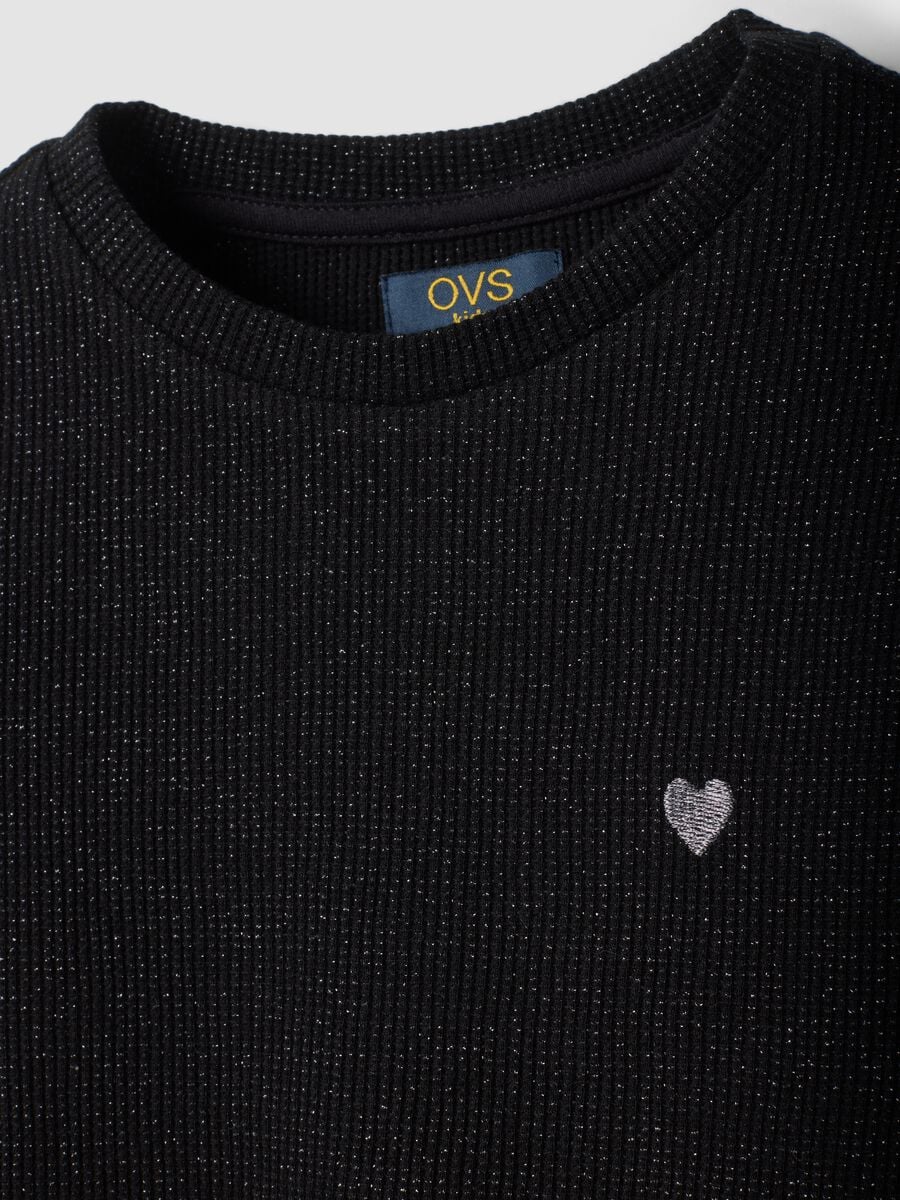 T-shirt nera girocollo in misto cotone a costine_2
