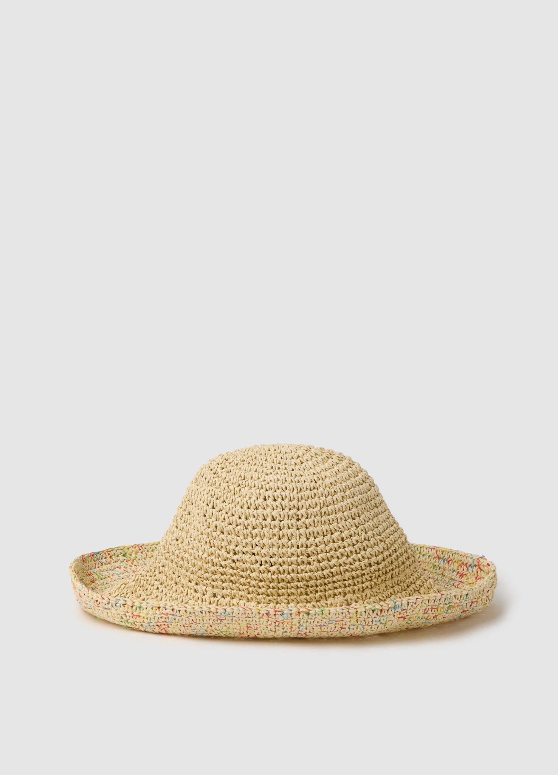 Cappello in rafia con inserti multicolore beige