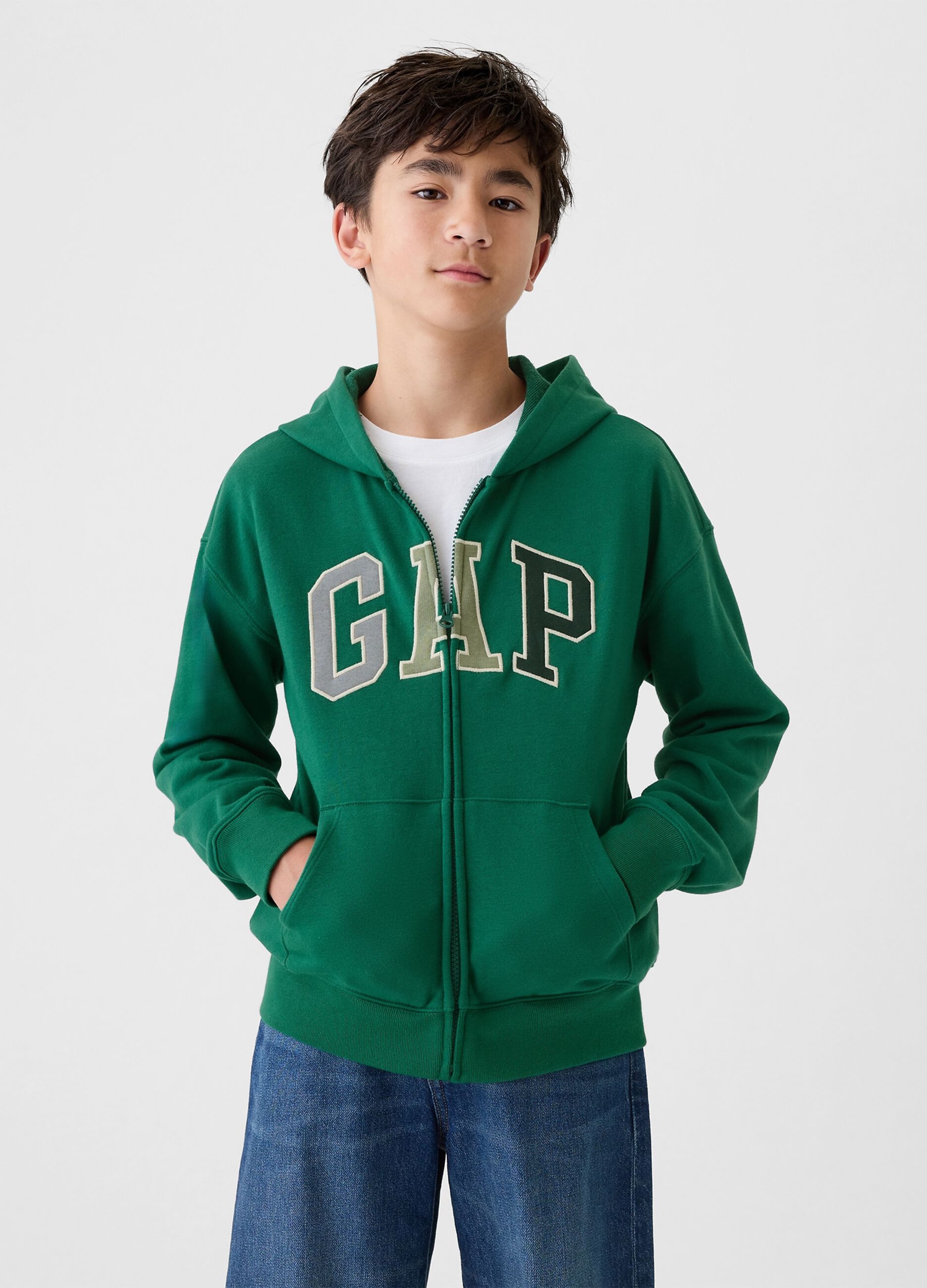 Full-zip sweatshirt with hood and logo embroidery