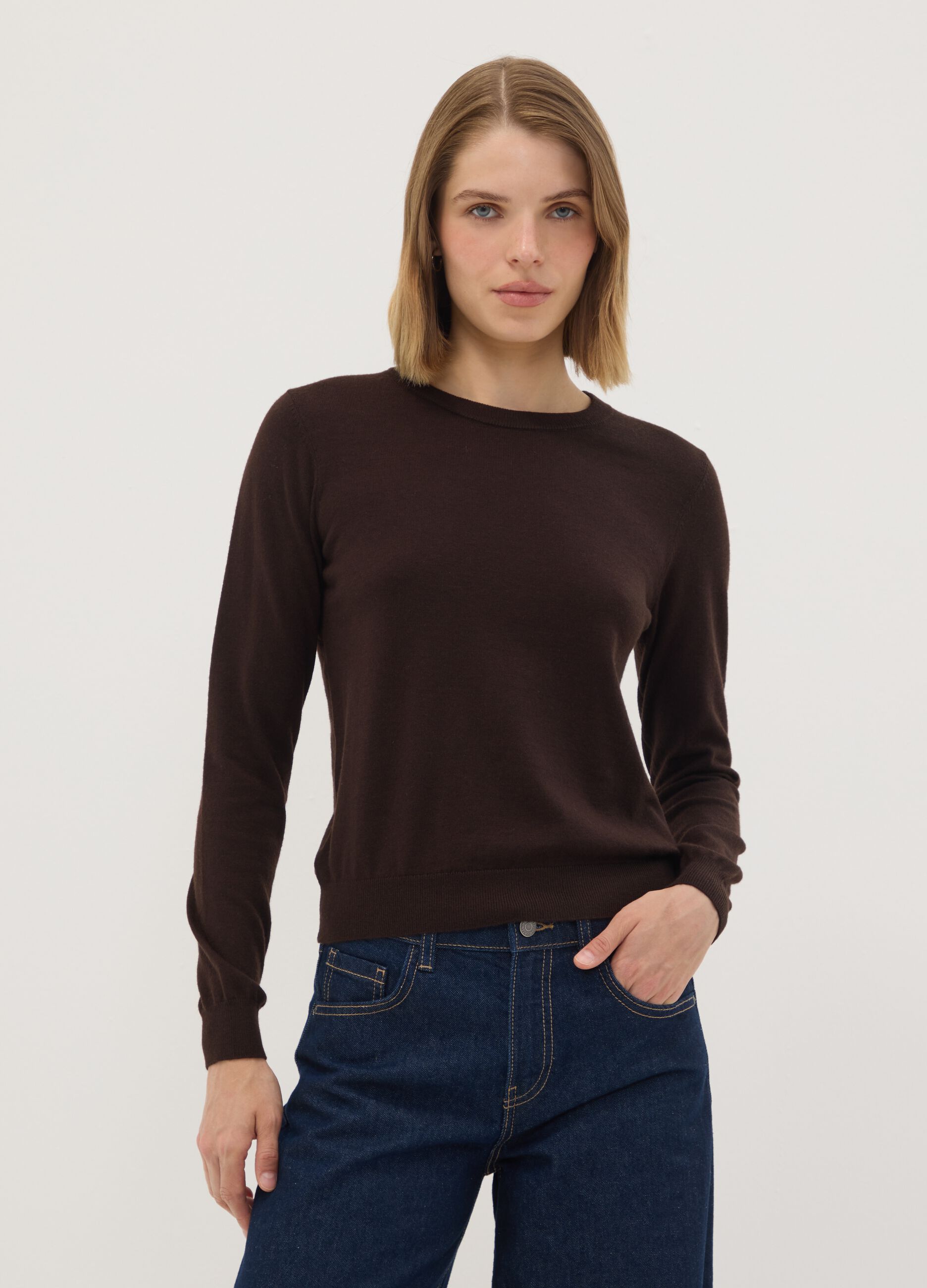 Brown crew-neck wool-blend jumper, regular fit
