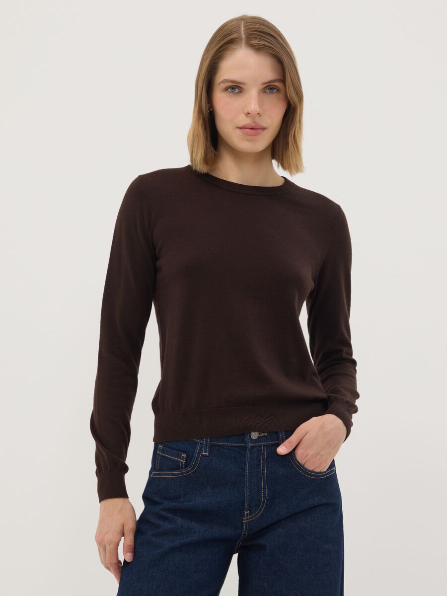 Brown crew-neck wool-blend jumper, regular fit_1